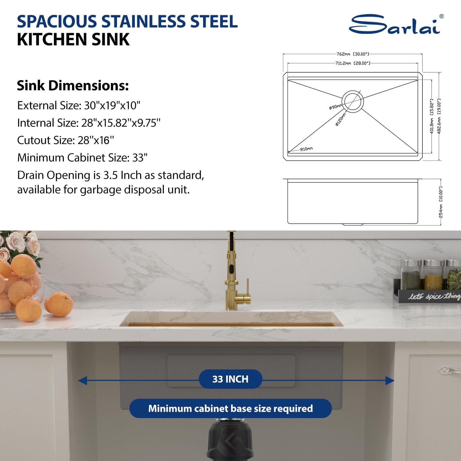 Sarlai 30 Inch Gold Undermount Kitchen Sink - 30" x18" Kitchen Sink Ledge Workstation 16 Gauge Gold Stainless Steel Deep Single Bowl Under Counter Rectangular Kitchen Sinks Basin