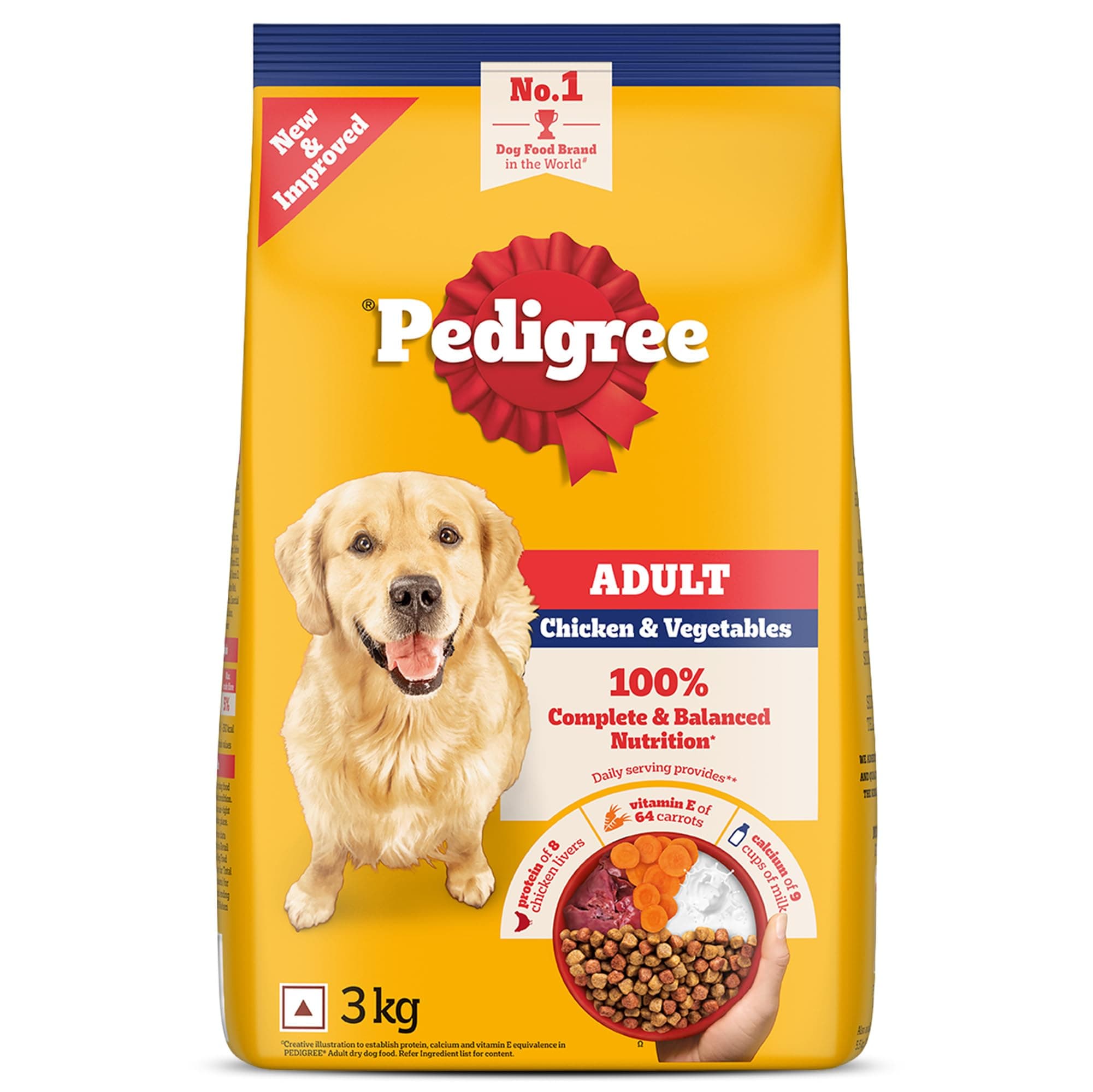 Pedigree Adult Dry Dog Food, Chicken & Vegetables, 3 kg, Contains 37 Essential Nutrients, 100% Complete & Balanced Food for Adult Dogs
