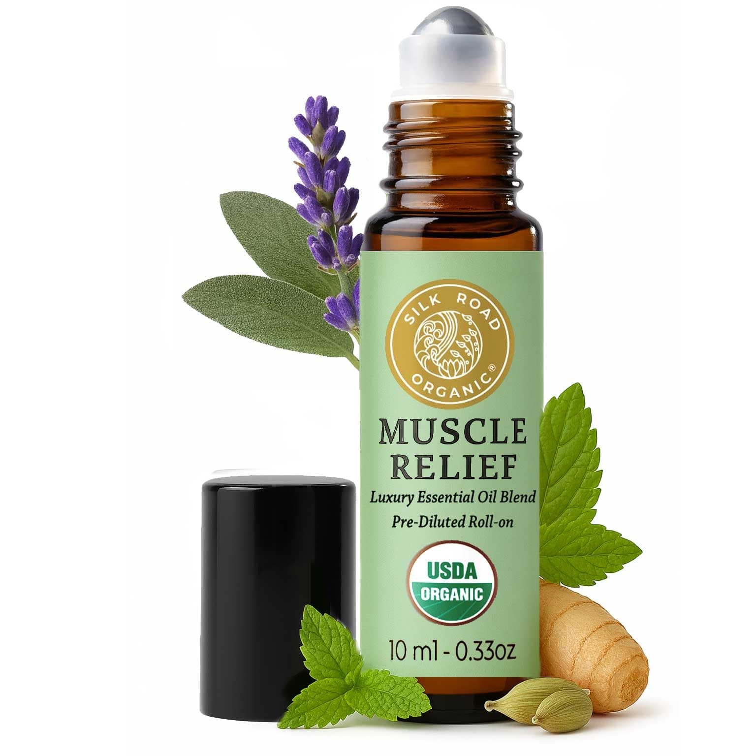 Muscle Relief Essential Oil Blend Roll On for Muscle Aches & Stiff Joints | USDA Certified Aromatherapy with Peppermint & Ginger - 10 ml Roller