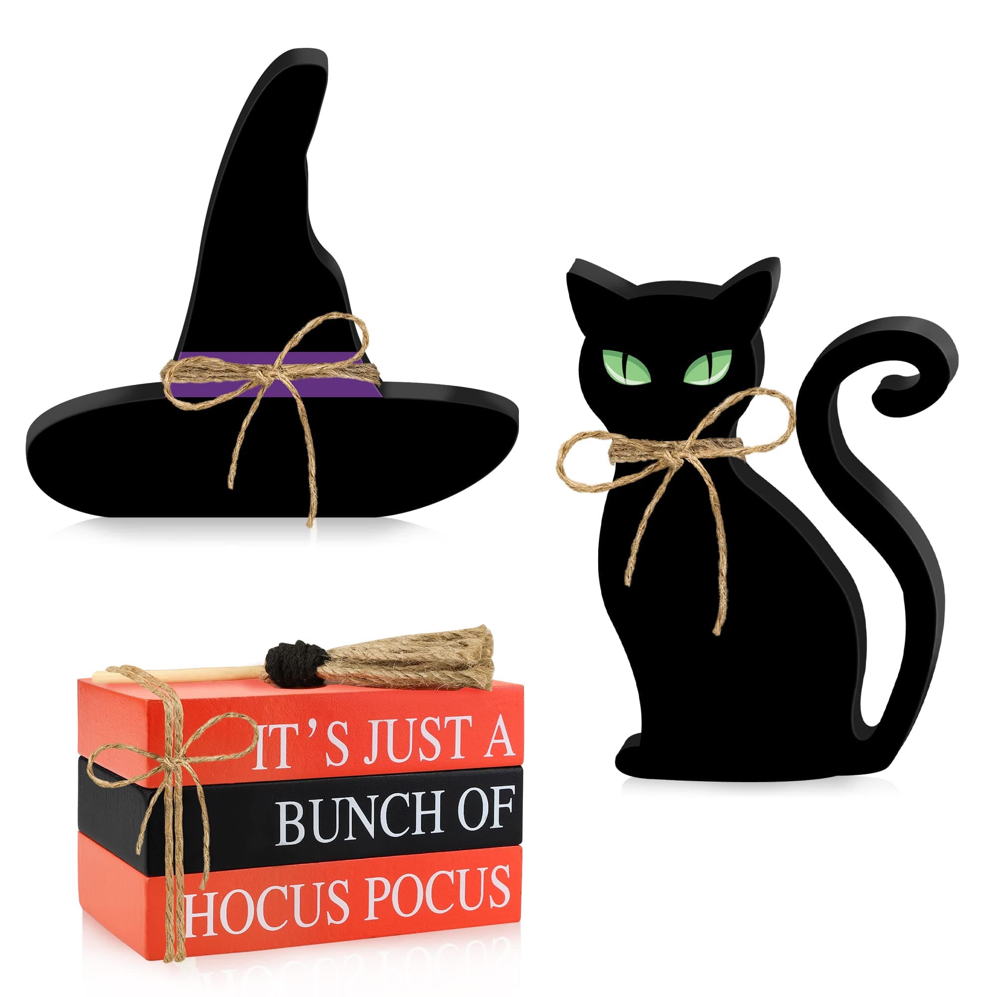 5PCS Halloween Wooden Signs - 3 PCS Faux Wood Books Stack & 1PCS Witch Hat & 1PCS Black Cat Wooden Table Signs, Rustic Farmhouse Halloween Tiered Tray Decor, Hocus Pocus Halloween Decorations Indoor