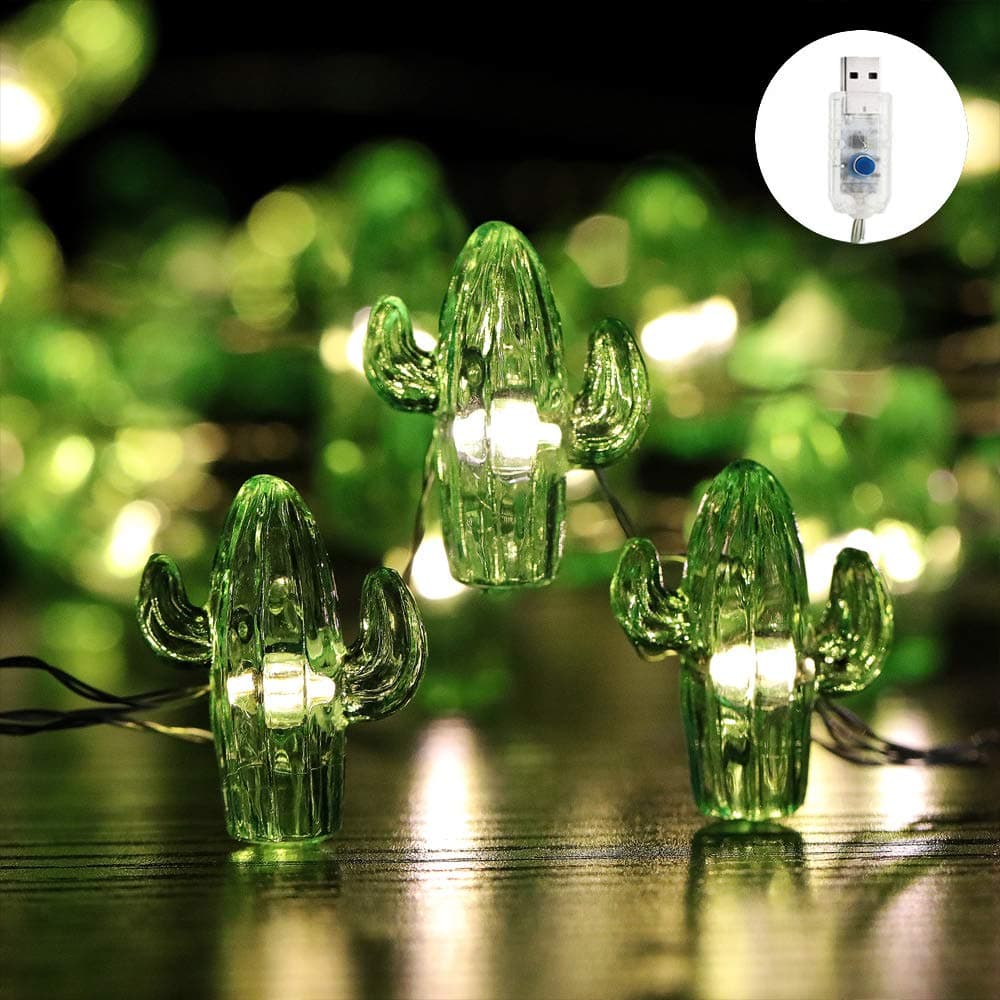 Starryfill Tropical Themed Small Cactus USB-Plugin String Lights 0.8"(H) 40 LED with Remote Control and Timer On 13.85ft Copper Wire Warm White Waterproof Warm White for Decorations
