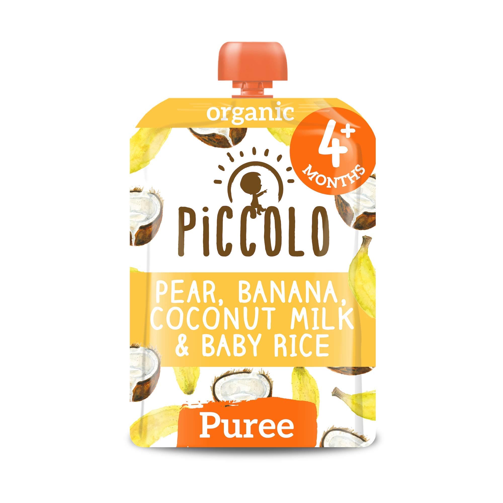 Piccolo Organic - Baby Food - 4 Months+ Pear, Banana, Coconut Milk & Baby Rice Puree - Pack of 5 x 100g - Stage 1 Baby Food Pouches - Gluten Free & Dairy Free