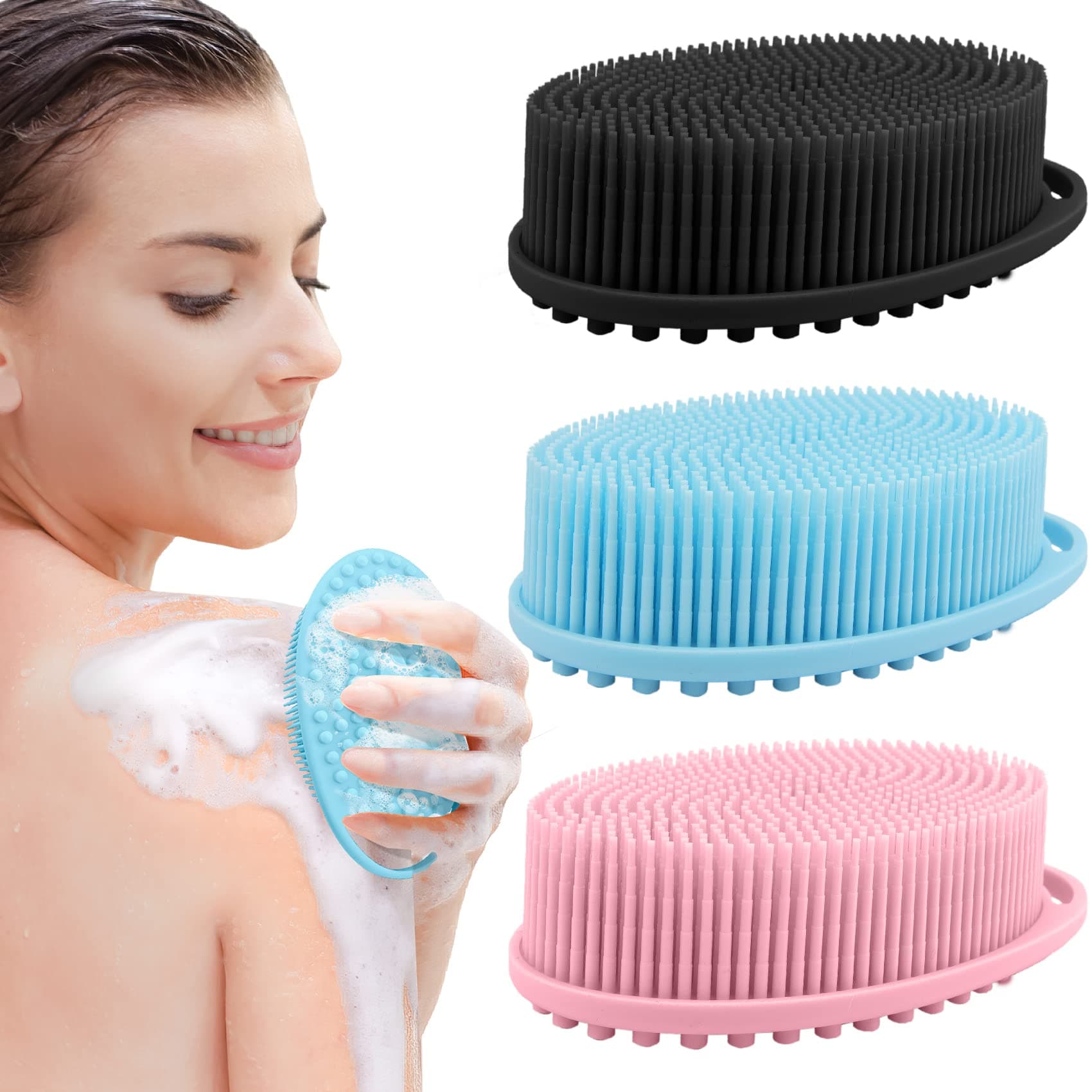3 Pack Silicone Body Scrubber, Exfoliating Soft Loofah, Scrubber Fit for Sensitive and All Kinds of Skin, Clean Sanitary, Rapid Foaming Black+blue+pink
