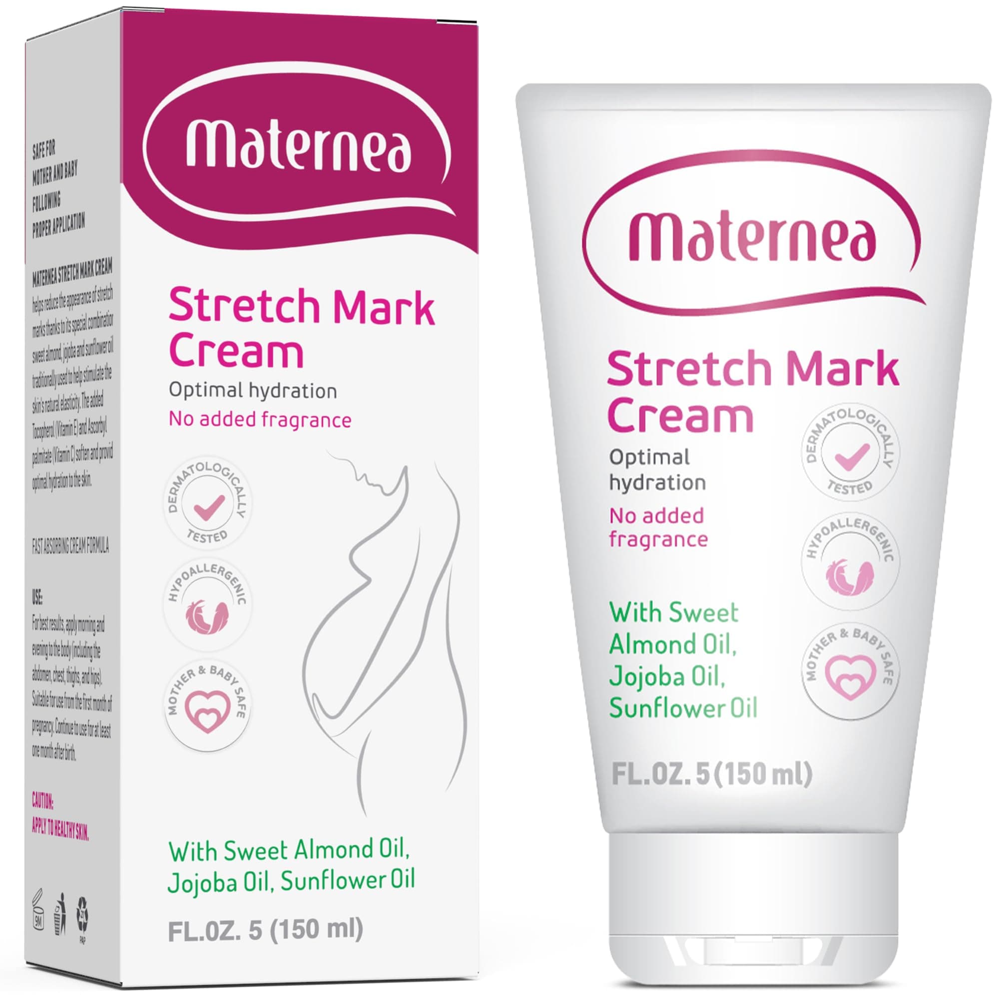 Stretch Mark Cream - Hydrating Cream Pregnancy Care with Almond, Sunflower, & Jojoba Oils - Skin-Safe & Perfume-Free - Pregnancy Stretch Mark Cream by Maternea (150ml)