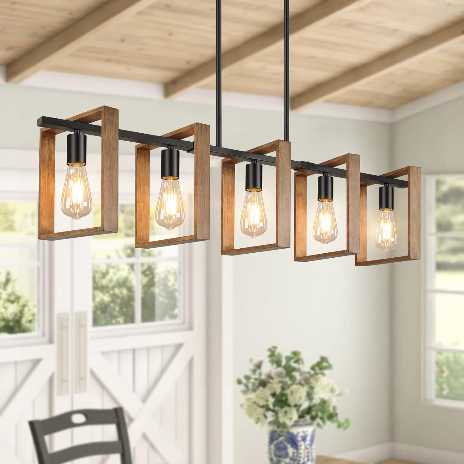 Brightever 5-Light Farmhouse Kitchen Island Light, Black Modern Pendant Light Fixtures For Dining Room, Wood Chandeliers Hanging Ceiling Lights, Adjustable Height, Bulbs Not Included