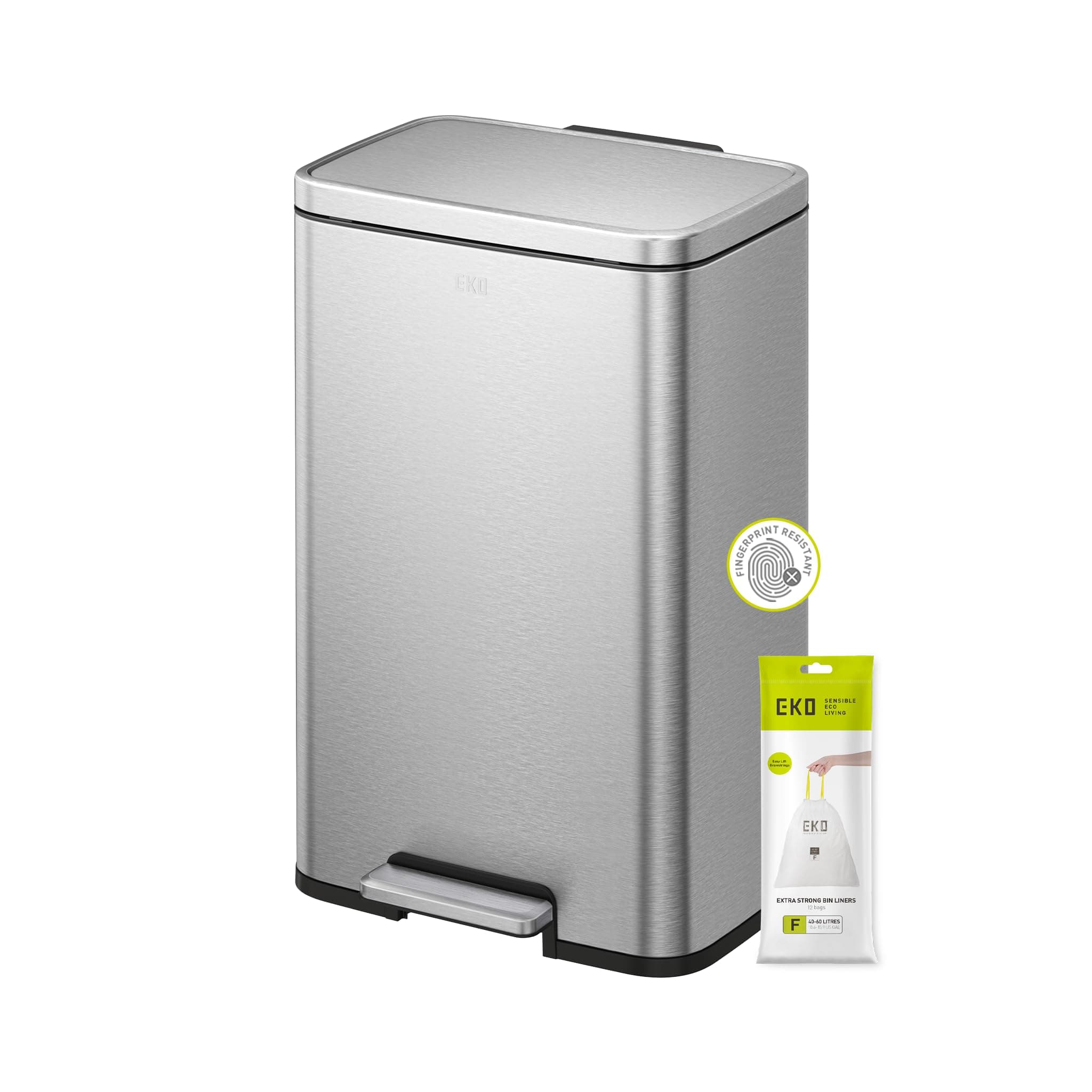 EKO Madison 50L Kitchen Pedal Bin, Soft Close & Stay-Open Lid, Removable Inner Bucket, Fingerprint-Resistant Matt Stainless Steel Rubbish Bin for Kitchen, Household Use, Office