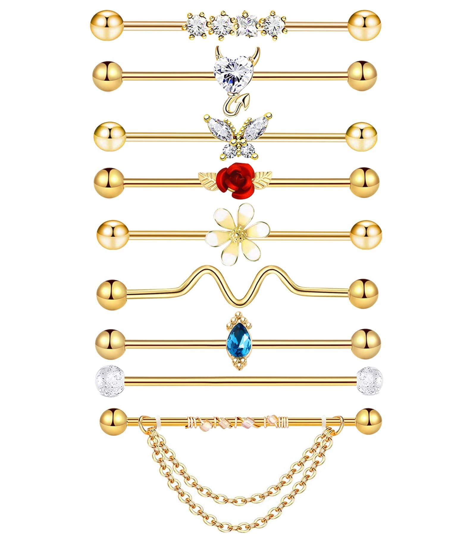 9pcs Gold Industrial Piercing Jewelry 38mm Stainless Steel 14G Industrial Barbell Earrings Ear Cartilage Helix-Conch Piercing Bar 1 1/2 Inch (golden)