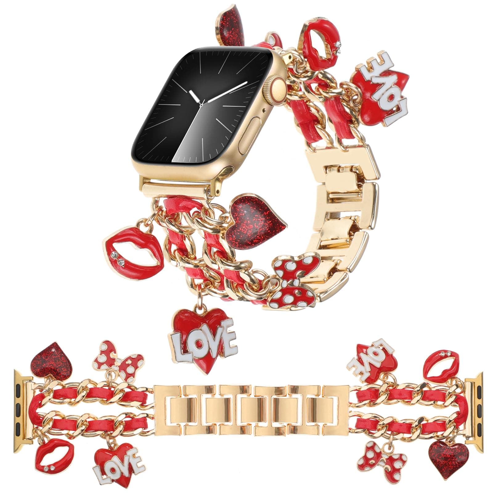 REALSIGNStylish Metal Bands Compatible with Apple Watch Band 49/46/45/44/42mm 41/40/38mm Women,Cuban Chain Band with Cute Pendants Love Cross Charms Strap for iWatch Series 10 9 8 7 6 5 4 3 2 SE