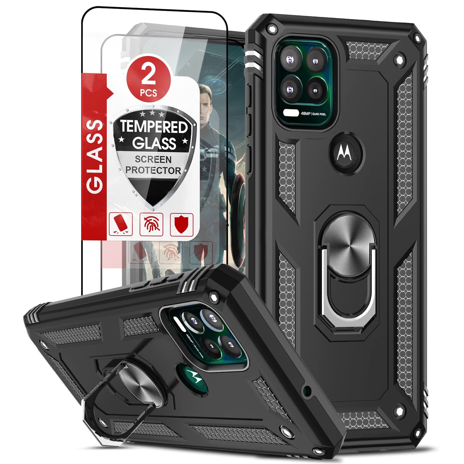 for Military-Grade Moto G Stylus 5G Phone Case 2021 with Magnetic Ring Kickstand & 2 Tempered Glass Screen Protectors - Black