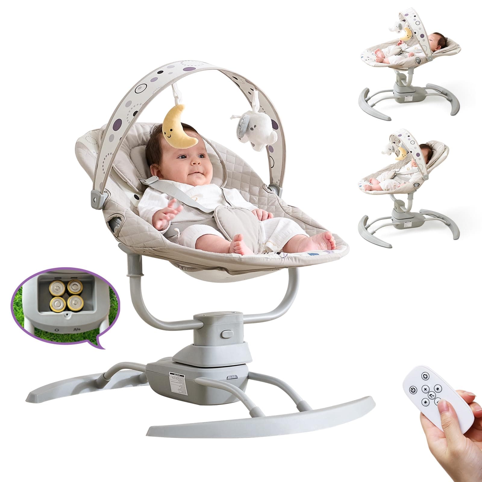 Electric Baby Swing for Newborn, Portable Baby Swings for Infants Girl Boys 5-20 lb, Baby Rocker with 3 Speeds, 8 Music, Adjustable Recline, Indoor/Outdoor Use, Plug/Power Bank/Battery Options