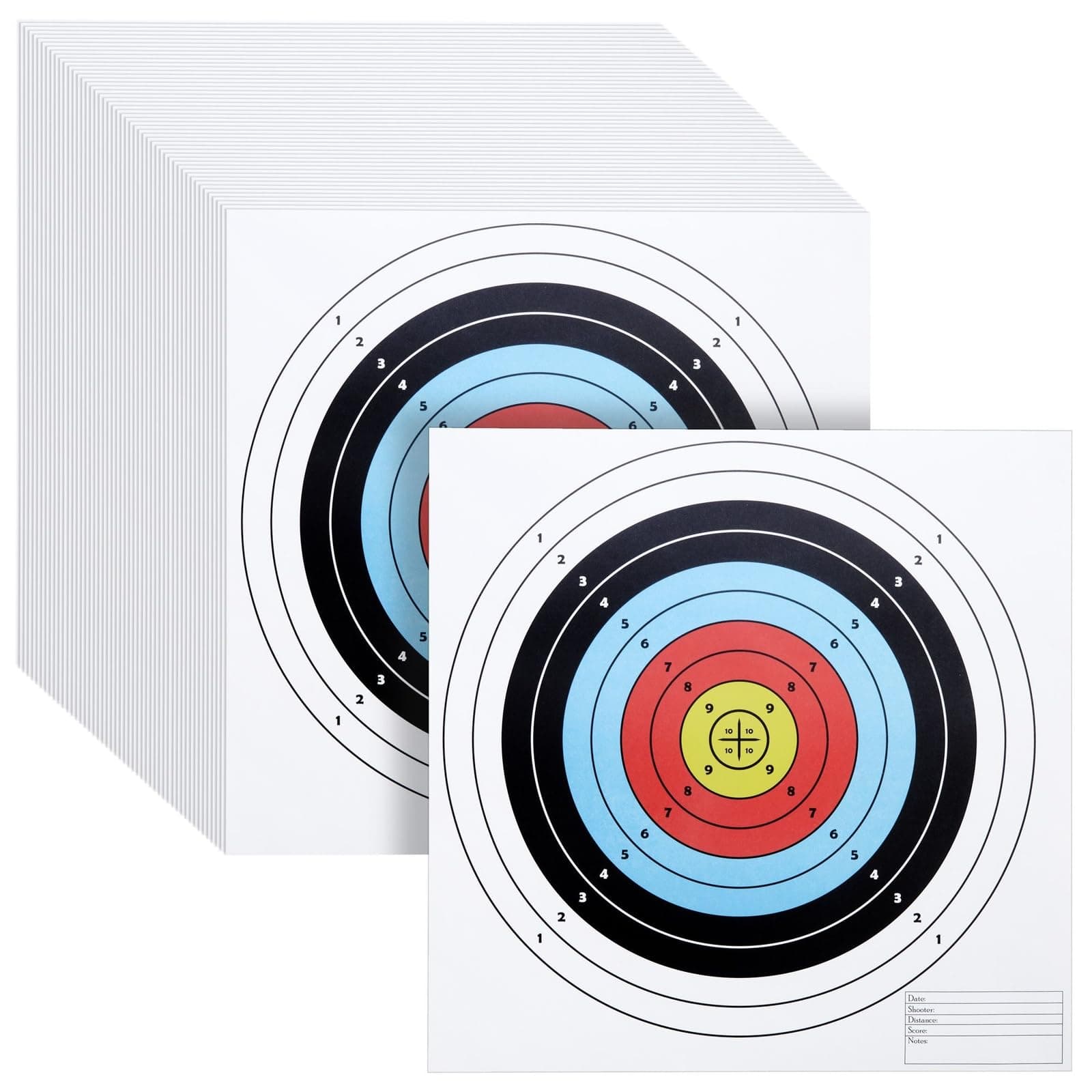50-Pack Bullseye Large Paper Shooting Range Targets for Pistol Shooting, Bulk Pack for Hunting Accessories, Handguns, Gun Range, Firearms with Colorful Design 43 x 43 cm (10 Rings, 17x17 inches)