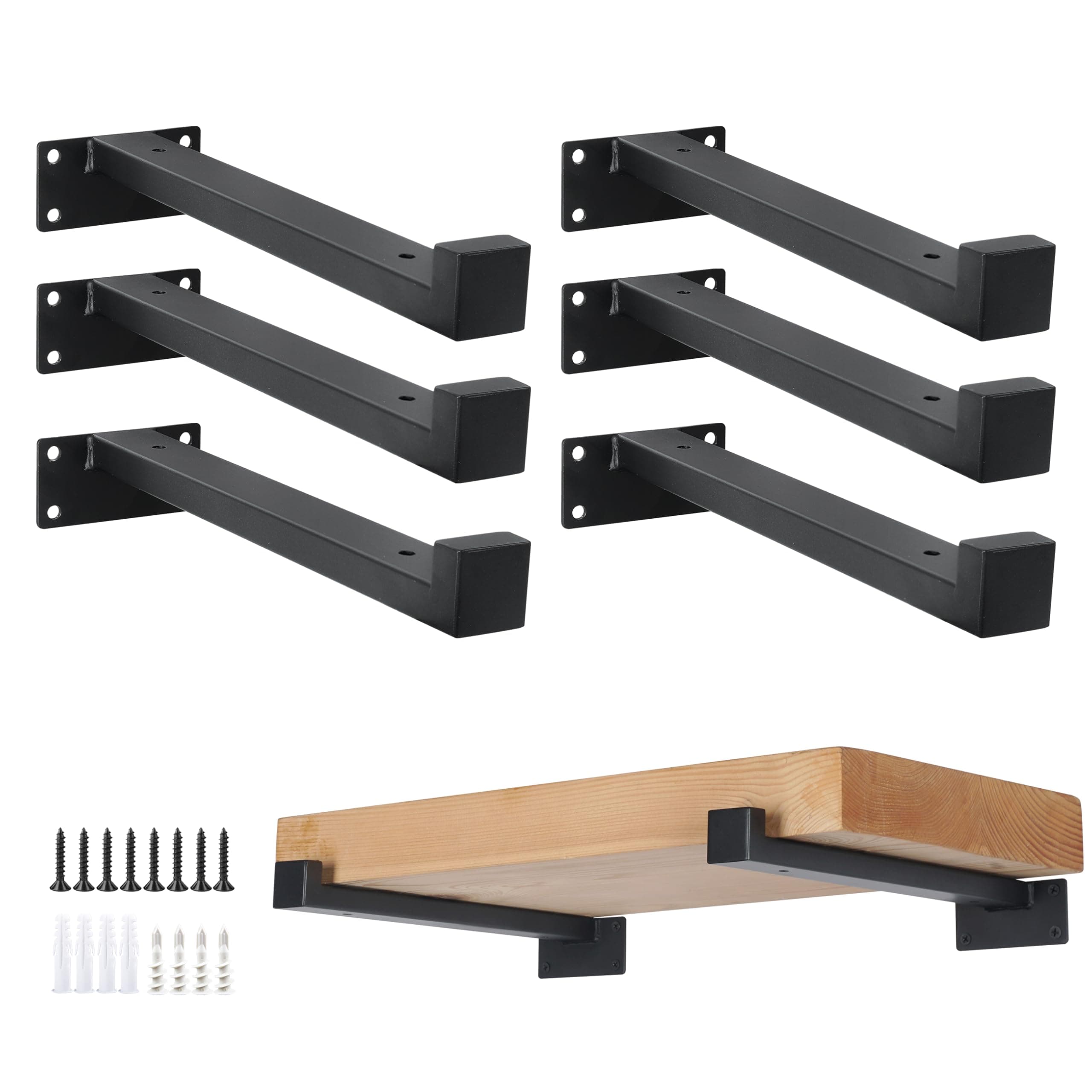 EZYDECOR 6Pcs Floating Shelves Brackets Heavy Duty Wooden Shelf Brackets 8inch Decorative Wall Shelf Brackets & Supports with Lip (Black) 8"