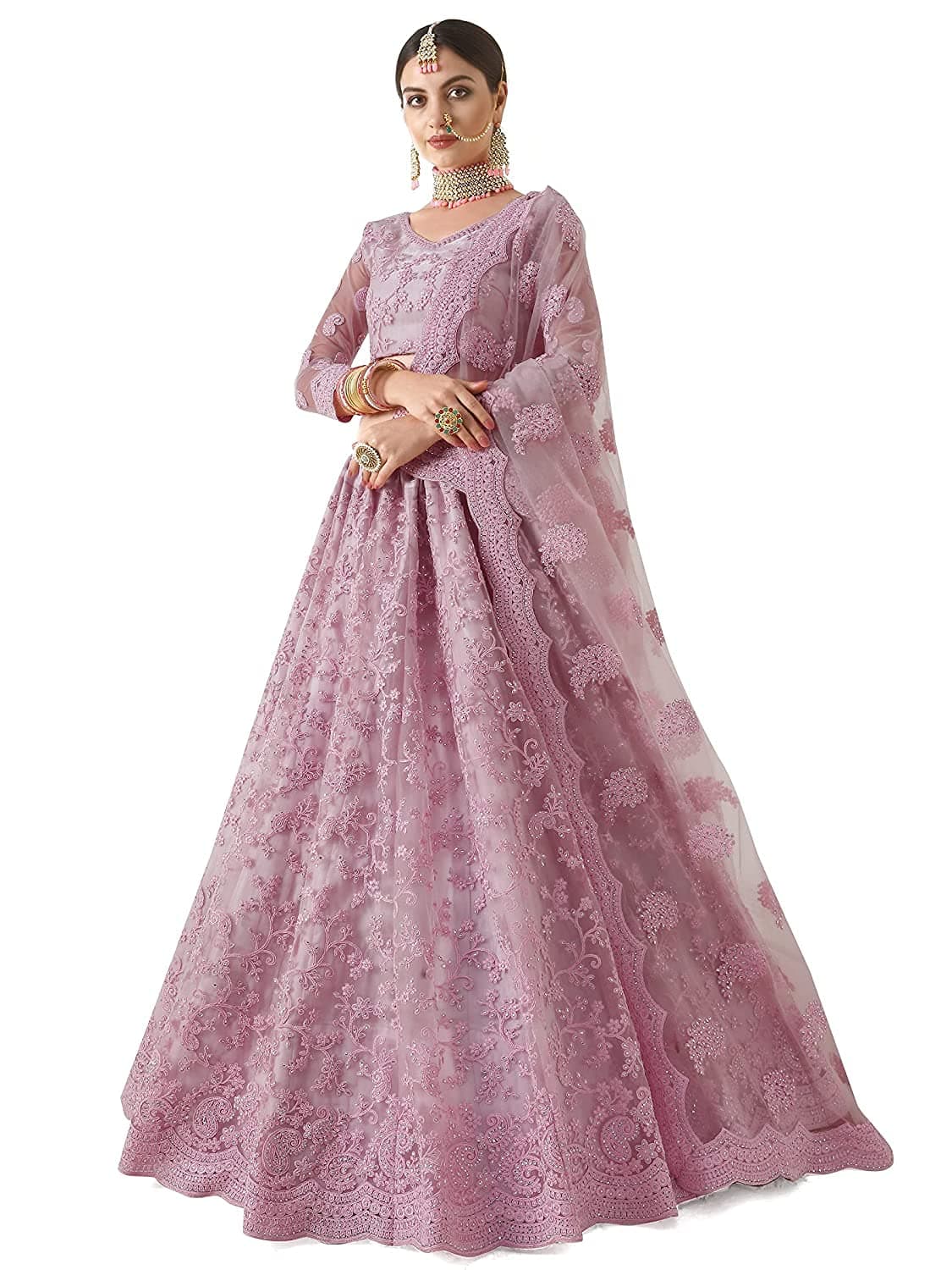 Nir Fashion Women's Net Readymade Lehenga Choli (JC_Pink_White_Free Size)