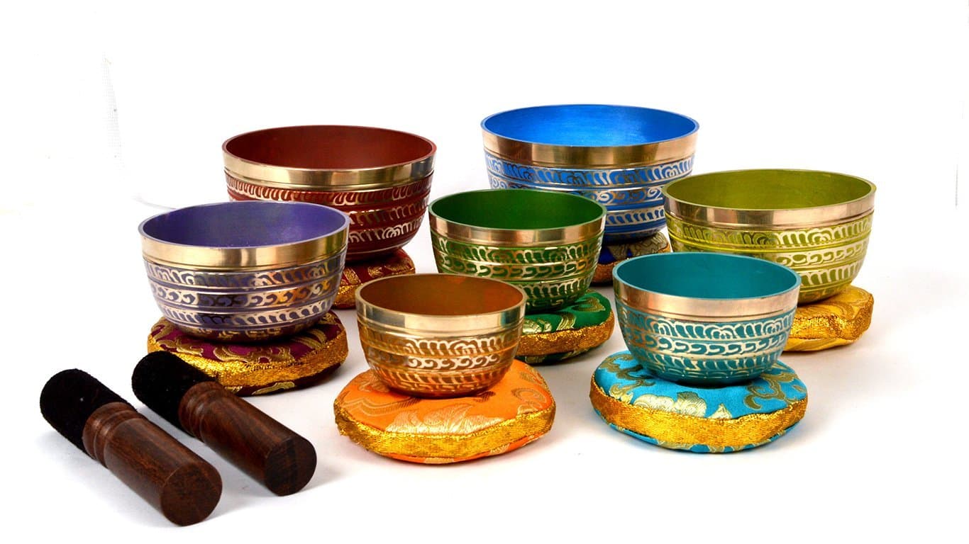 Bermoni Tibetan Colorful 7 Chakra Meditation Singing Bowl for Healing Prayer,Yoga with Mallet & Cushion (SING-1112MSET7)