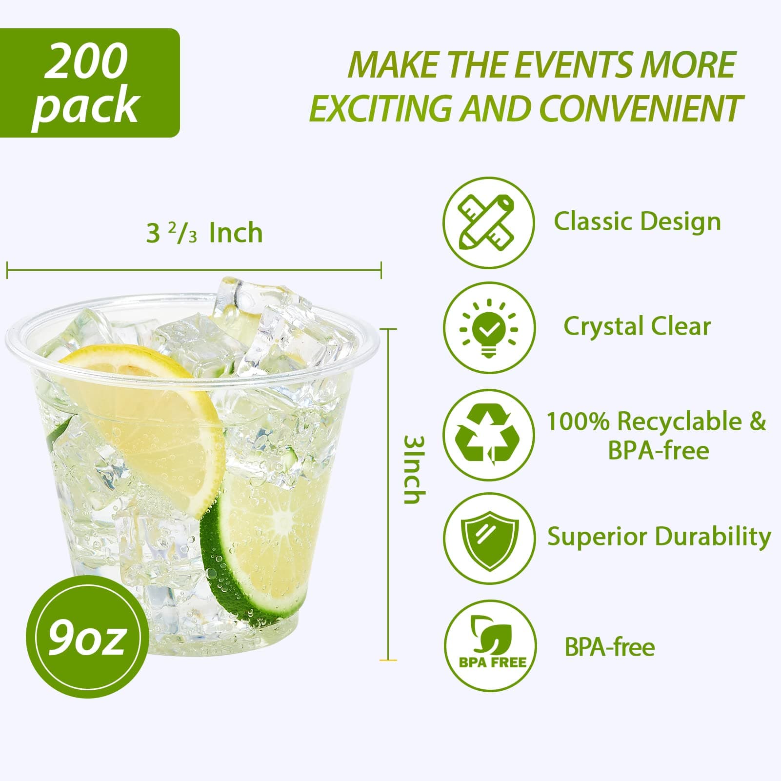 Lilymicky 200 Pack 9 oz Clear Plastic Cups, PET Disposable Drinking Cups, Small Plastic Party Cups, Perfect for Birthday Parties, Weddings, Thanksgiving and Christmas Day