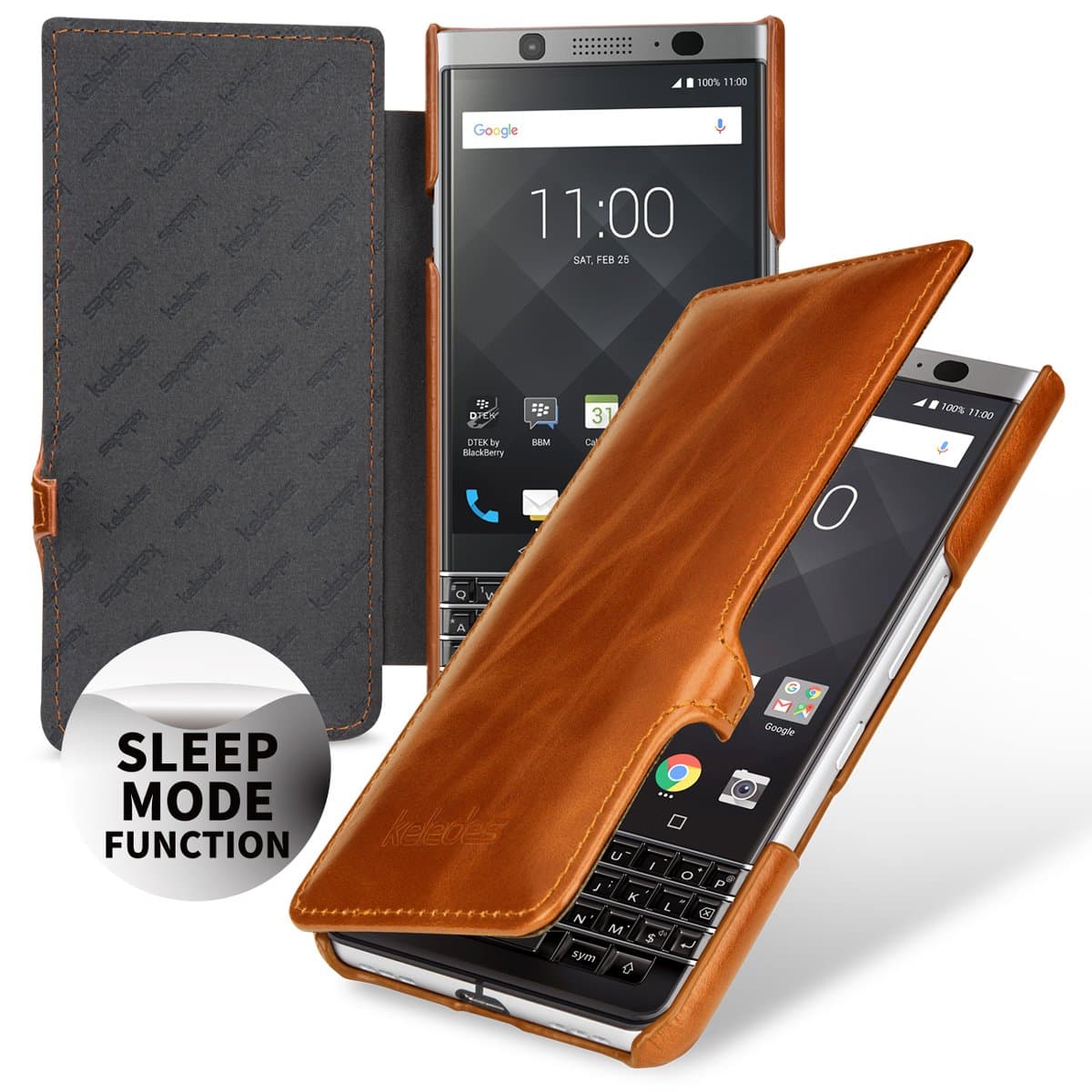 keledes Blackberry Keyone Flip Case, Folio Genuine Leather Case Book Cover Clip Closure Shockproof Slim Leather Phone Case for Blackberry Keyone, Cognac Brown