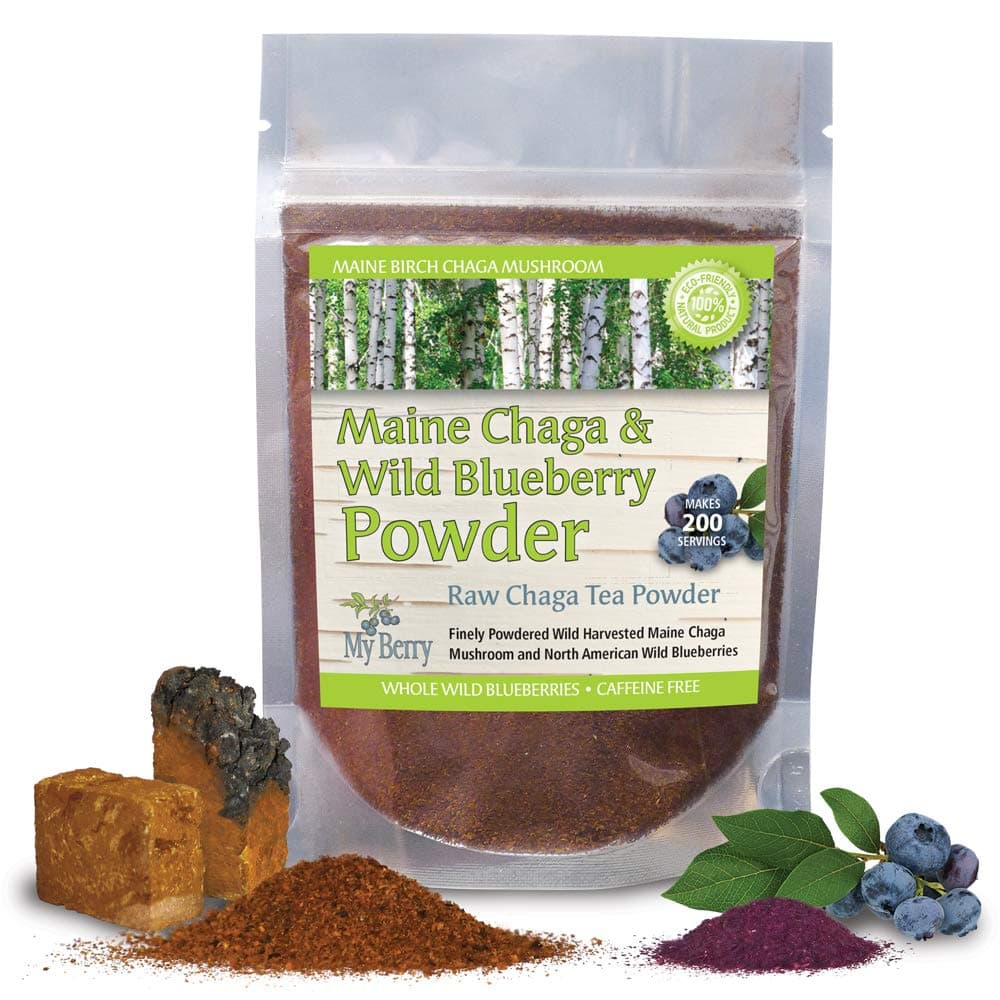 Maine Chaga & Wild Blueberry Tea Powder by My Berry - Herbal Superfood Blend | 100% Wild-Harvested USA & Canadian Grown Chaga | 1.5oz | Caffeine-Free, Antioxidant-Rich | 200+ Servings | 100% Natural, No Additives