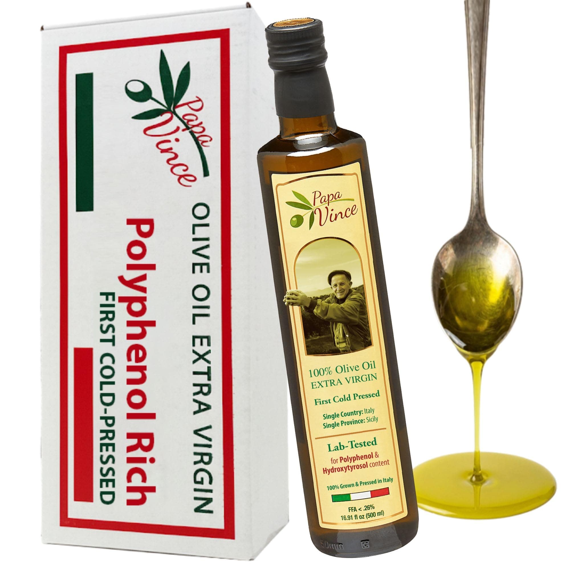 Italian - Papa Vince - Extra Virgin Olive Oil, Natural, Cold Pressed, Family Harvest Single Sourced from Sicily, Italy,Olio di Oliva,Unblended,Unfiltered,Unrefined,Robust,Rich in Antioxidants 500 ml