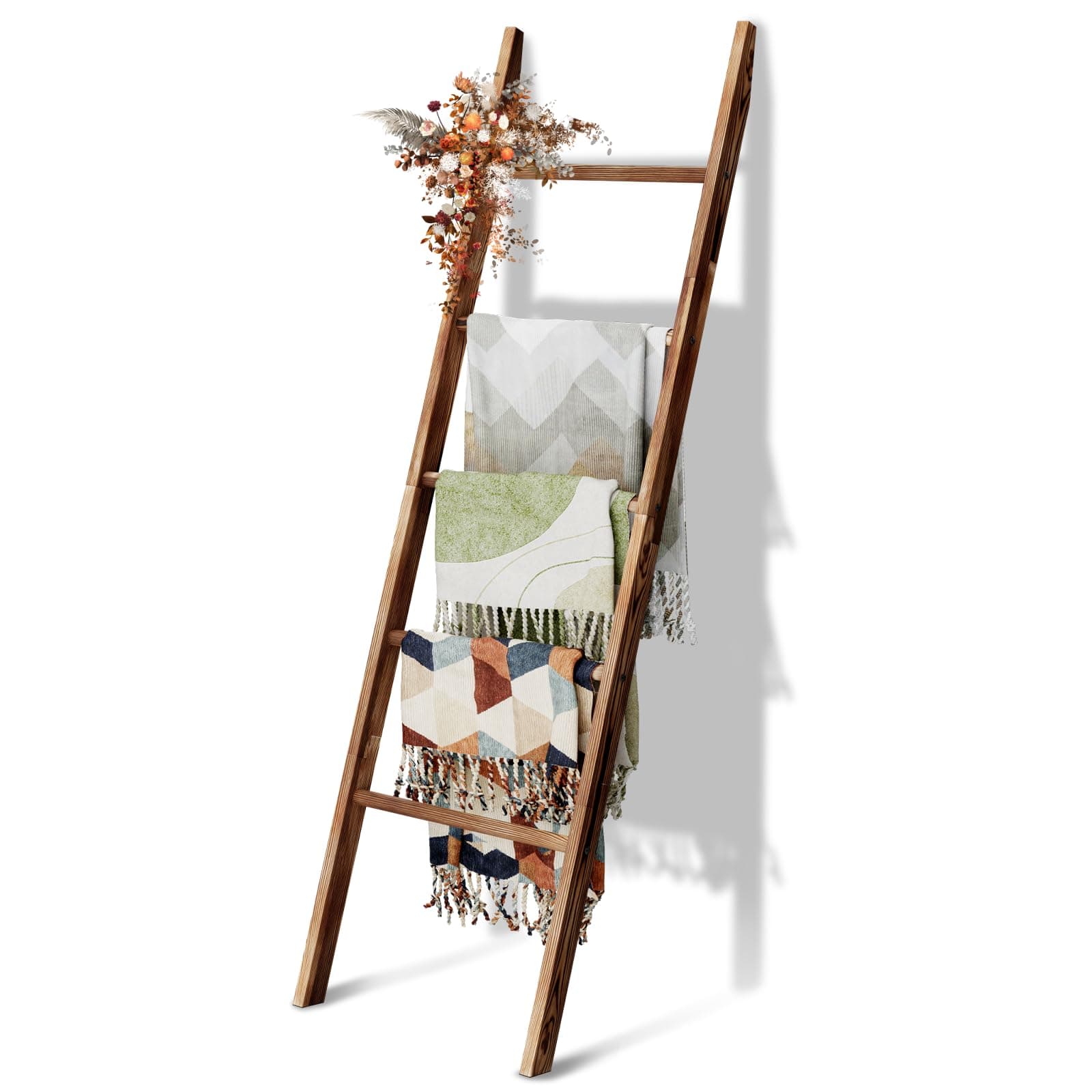 5-Tier Blanket Ladder Wooden, 5.3FT(63'') Blanket Quilt Holder Rack Decorative Ladders, Easy Assembly, Rustic Farmhouse Ladder Shelf for The Living Room Bedroom Bathroom Home Decor, Brown