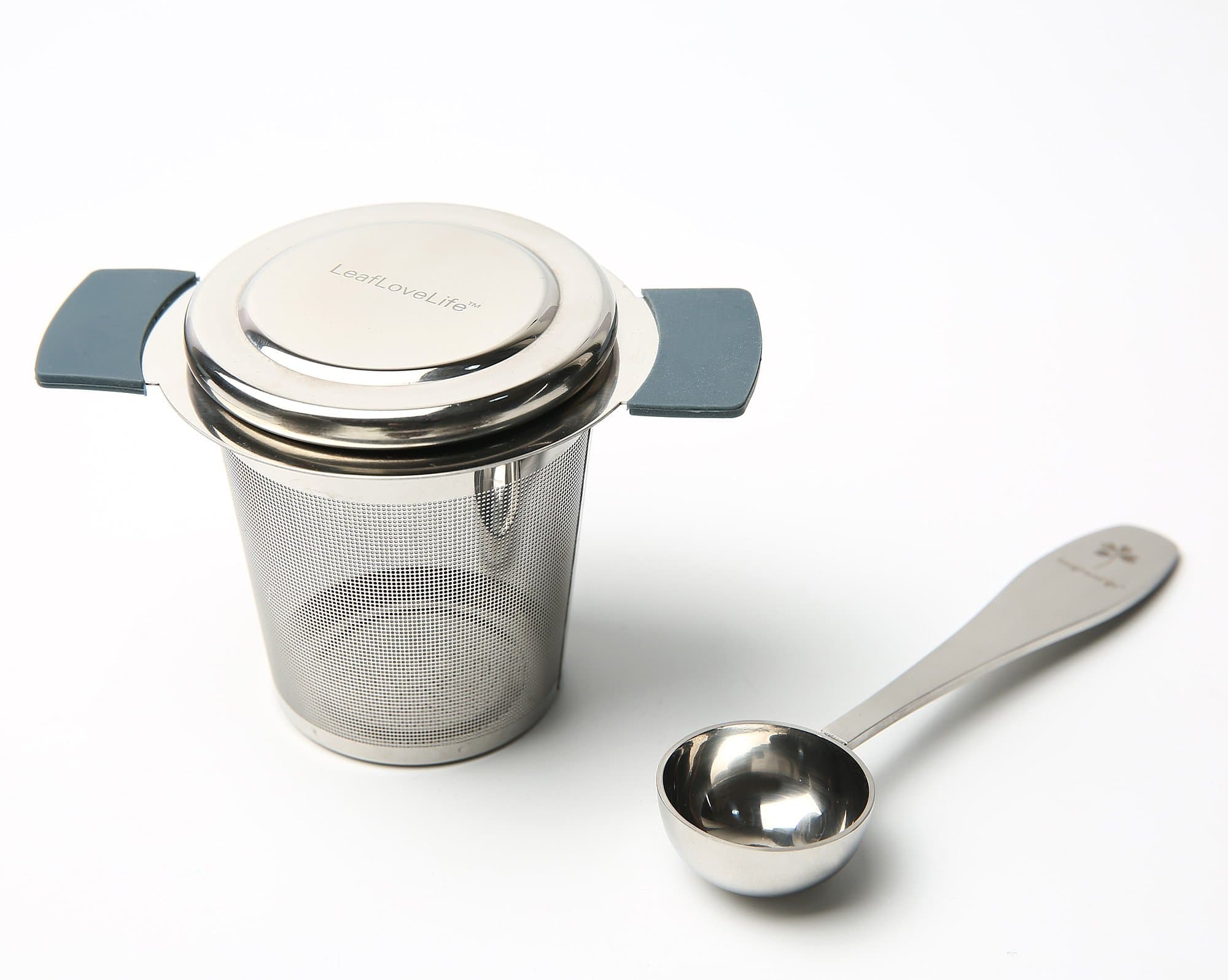 LeafLoveLife - Stainless Steel Tea Infuser with Lid and Handle - Fine Mesh Tea Strainer for Filtering Loose Leaf Grain Tea Cups, Mugs and Pots - Includes Tea Measuring Spoon