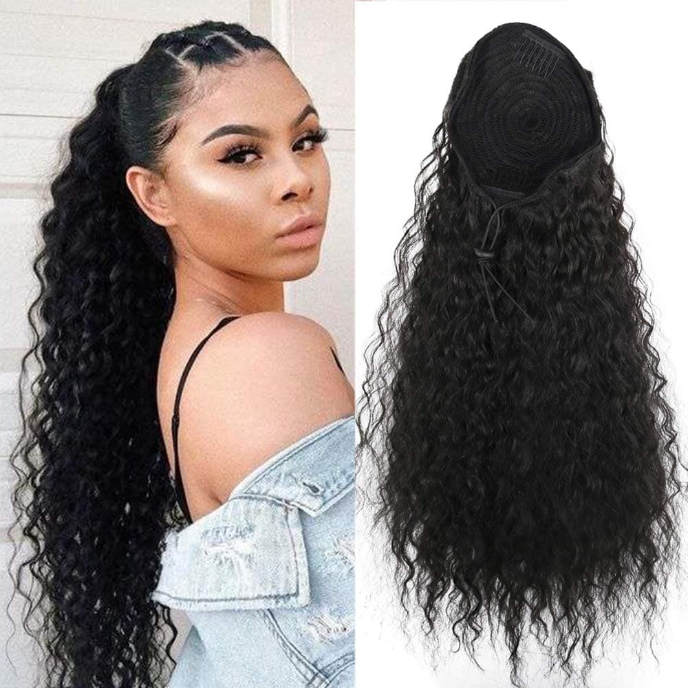 Heat Resistant Synthetic Kinky Straight Ponytail Long Afro Drawstring Hair Bun Extension With Two Plastic Combs Hairpiece (K-1B#)