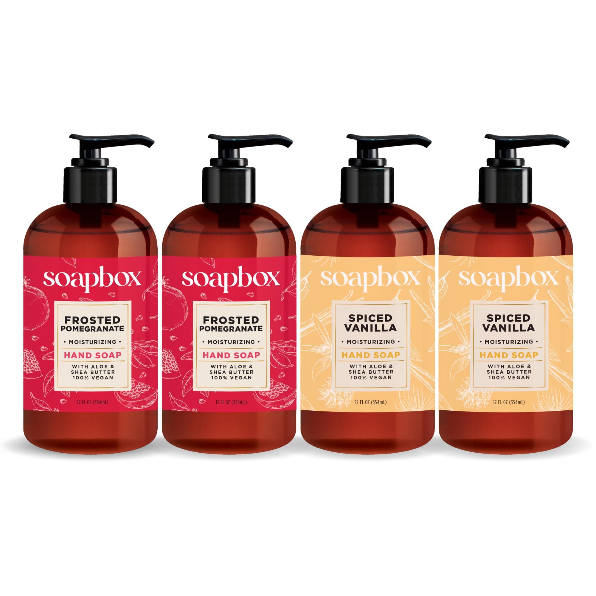 Soapbox Winter Hand Soaps, Spiced Vanilla & Frosted Pomegranate Liquid Hand Soap, Moisturizing Soap, Shea Butter & Aloe, Pack of 4, 12oz