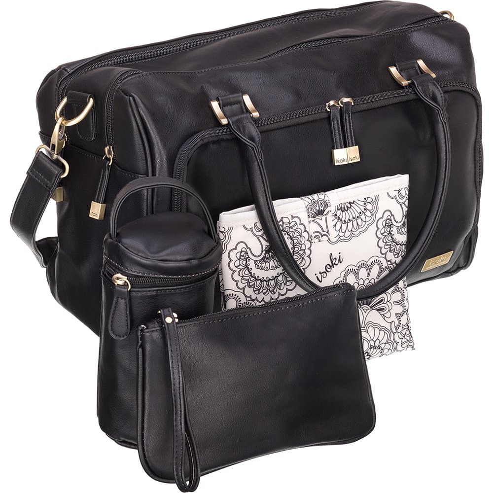 Large Diaper Bag Black Vegan Faux Leather Double Zip Satchel 13 Pockets with Changing Mat Purse and Insulated Bottle Tote