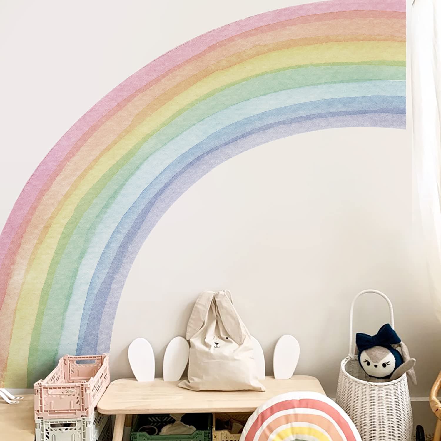 funlife Fabric Peel and Stick Large Rainbow Wall Mural Stickers for Girls, Precut Left Pastel Half Watercolor Rainbow Wall Sticker Decals for Kids Bedroom Living Room Playroom, 78.74" x 70.87"