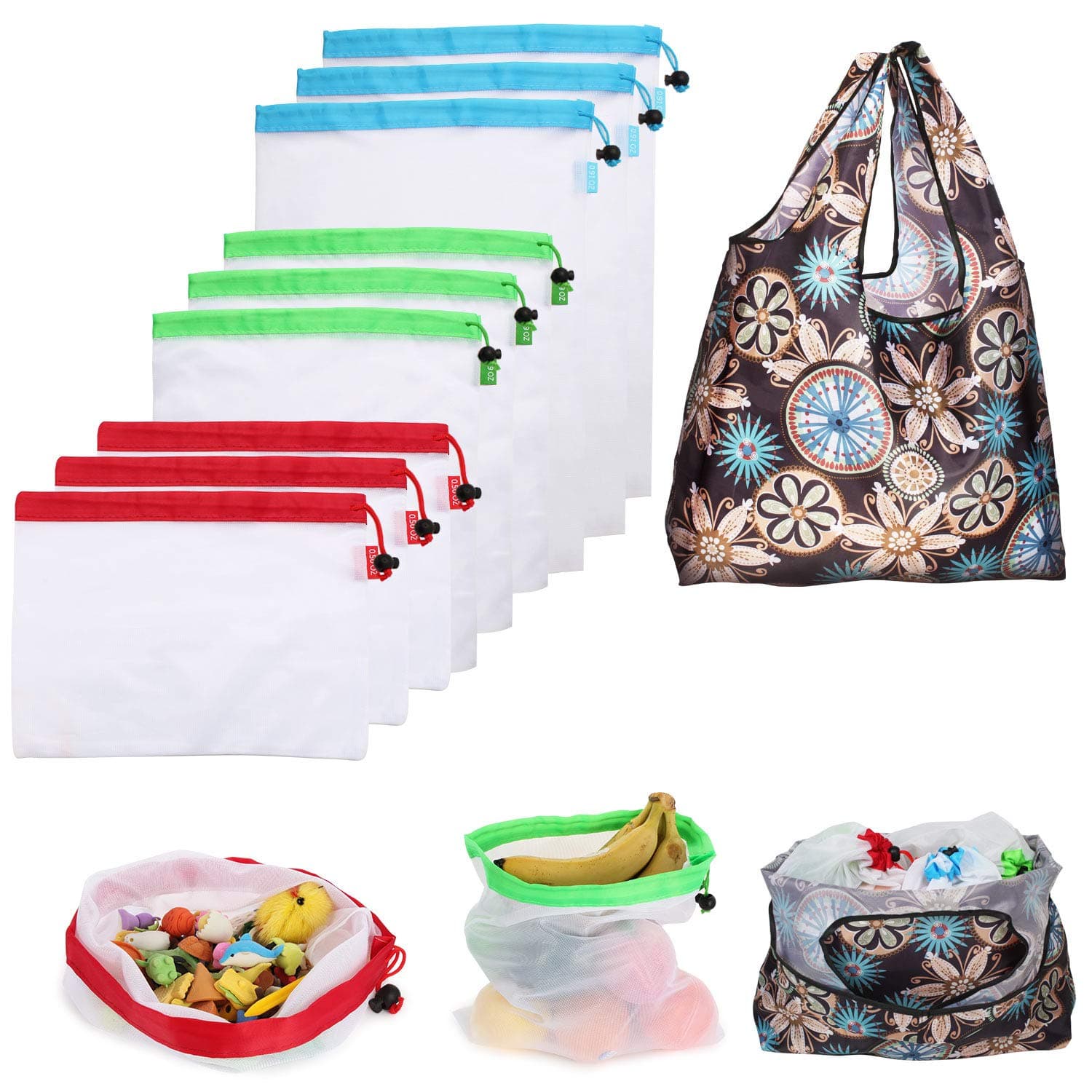 Reusable Produce Bags Food Safe Eco Friendly Produce Bags 10(3 Small 3 Medium 3 Large)1 Large Reusable Grocery bag Washable for Grocery Shopping Fruit Vegetable Toys Storage Set