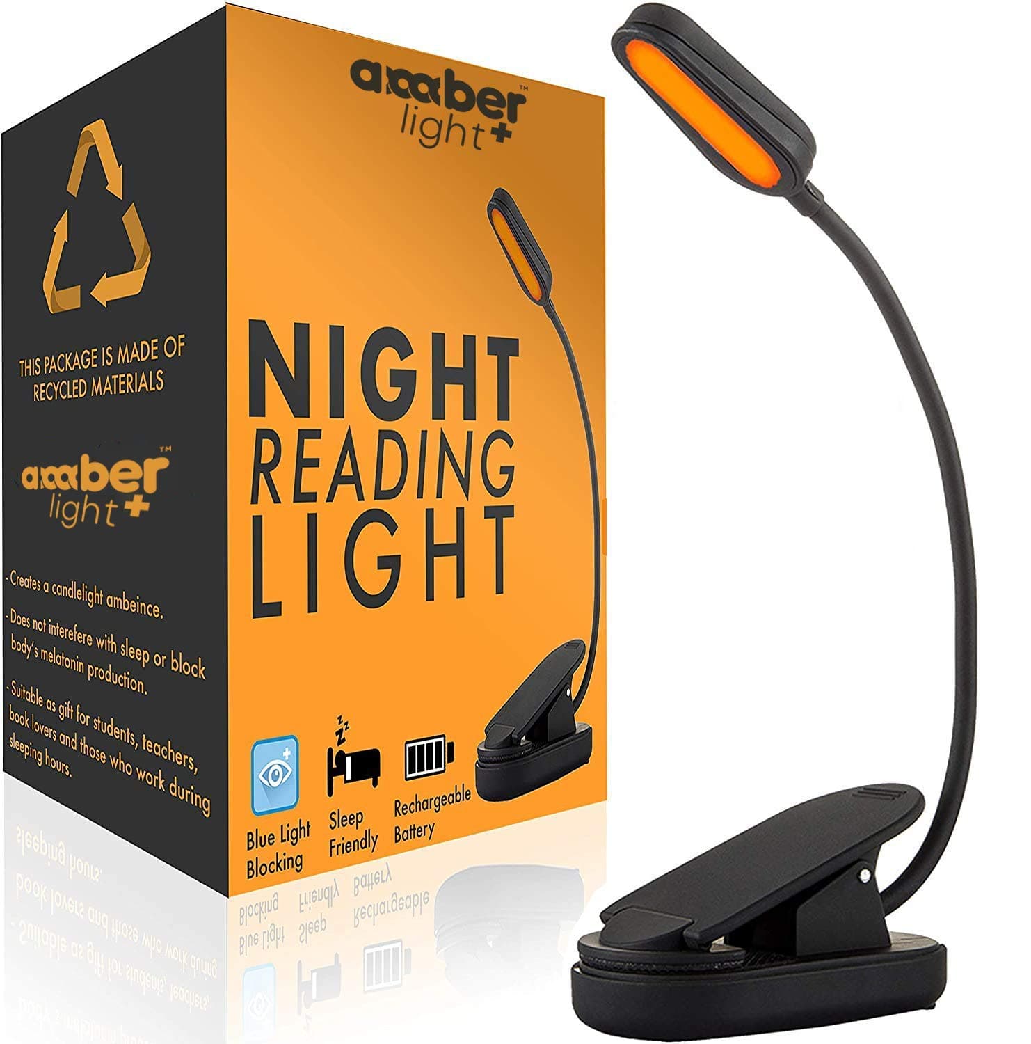 Amber Light Store Blue Light Blocking Night Reading Light, Rechargeable. 1600K for Reading in Bed at Night. Perfect as a Giftable Kindle Light and LED Book Light (Black)