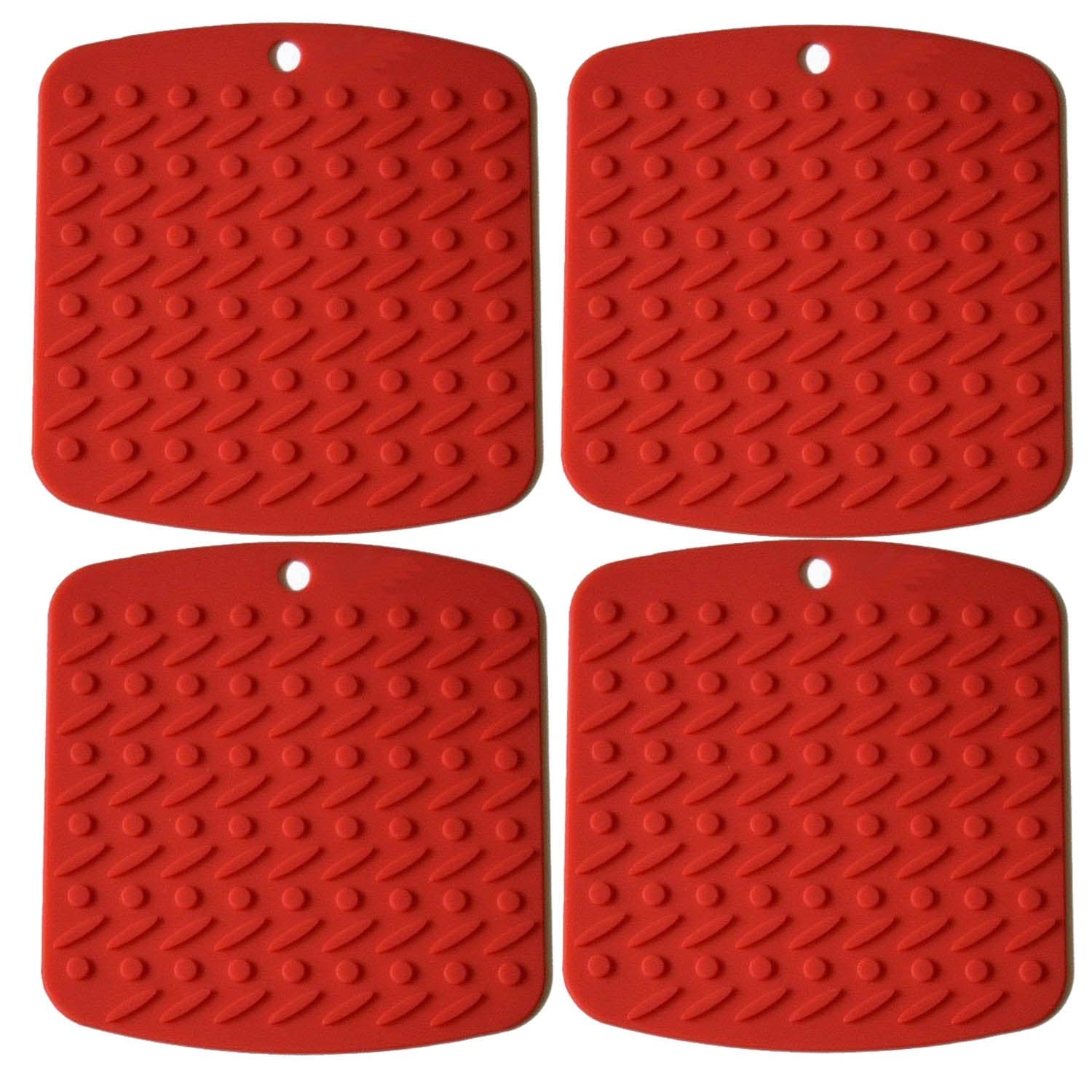 iNeibo Kitchen Silicone Mats Set of 4 - Multi-purpose Mat Used As Pot Holder, Jar Opener, Trivet, Spoon Rest, Hot Mat, Peel Garlic - With Varying Bright Jelly Colors - FDA-approved, Flexible, Durable And Dishwasher safe (red)