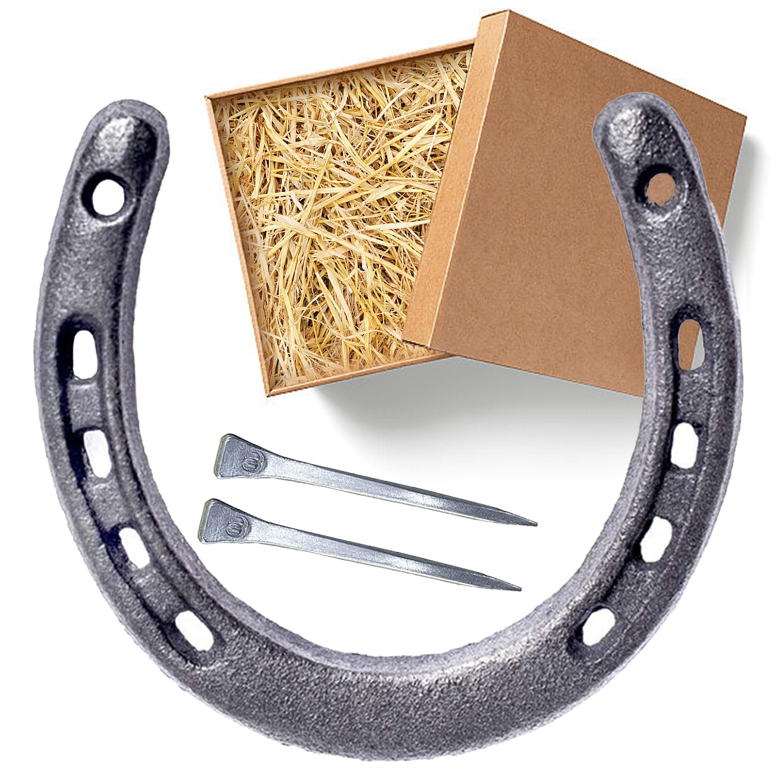 Personalised Lucky Horseshoe for Wedding or Housewarming Gift Set with 2 Nails, Lucky Charm Horseshoe Decoration Set, Gift for Housewarming, Heart Sign, Horseshoe Gift with Gift Box Made of Kraft