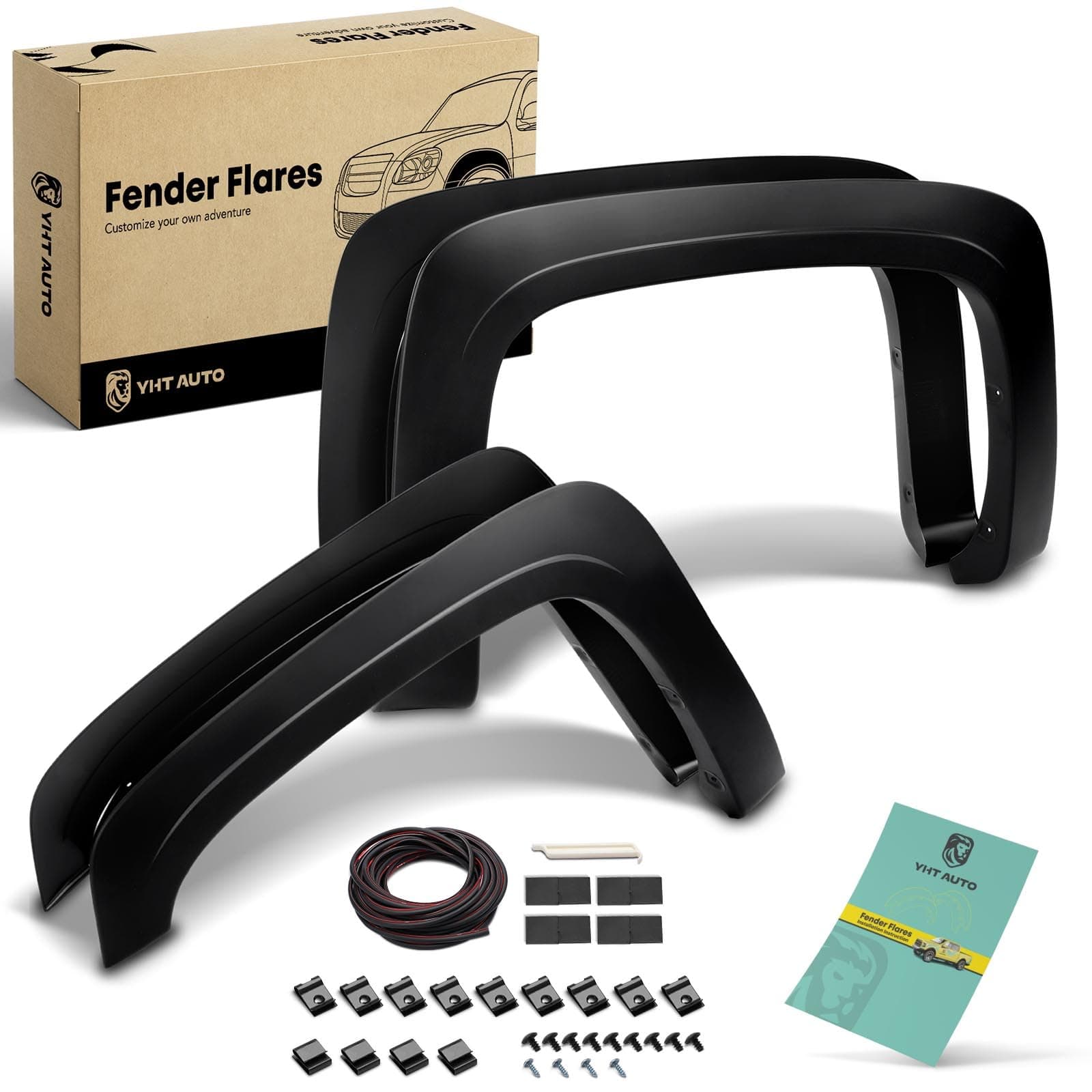 YHTAUTO OE Factory Style Fender Flares Replacement for Chevy Silverado 1500 2007-2013, Silverado 2500HD/3500HD 2007-2014, 6.5 & 8.1Ft Long Bed, Shiny Black Wheel Flare Cover Protector, Set of 4