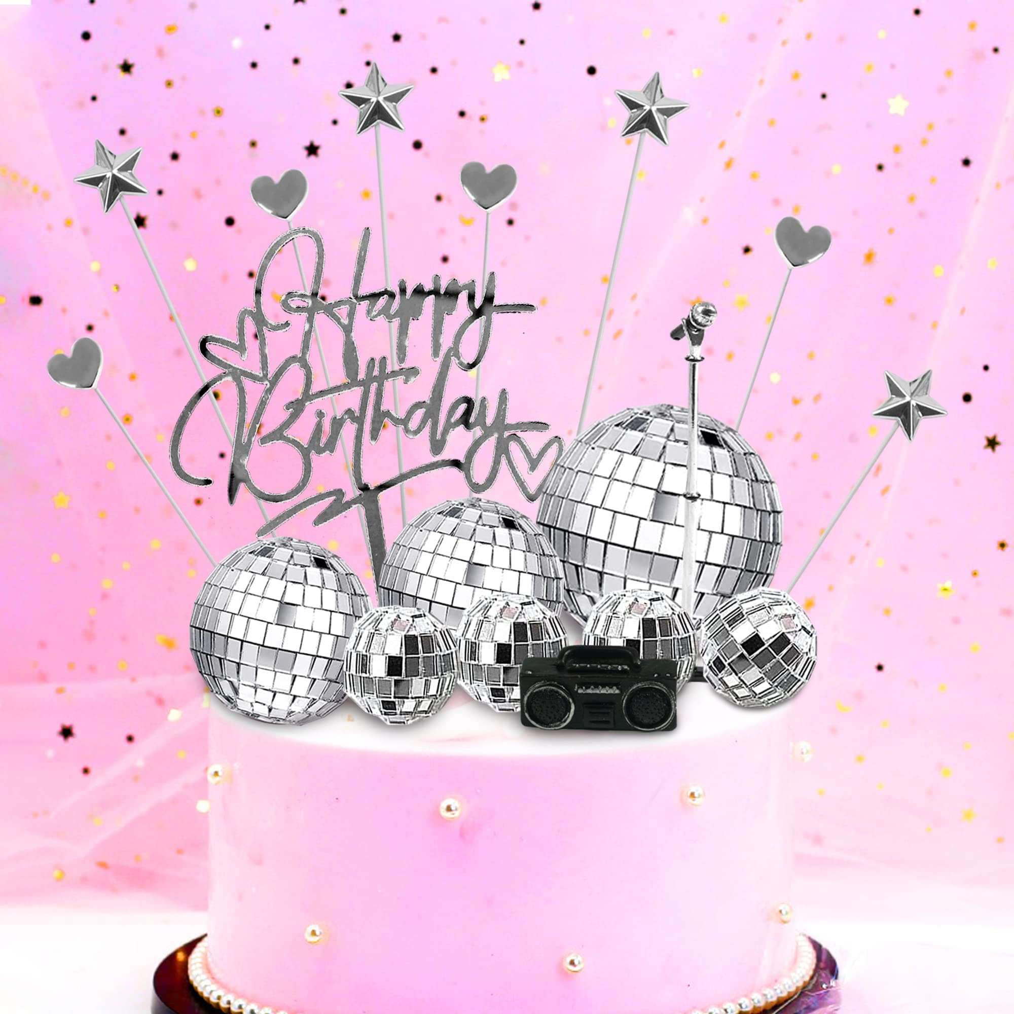 23PCS Disco Ball Cake Toppers 70's Disco Theme Cake Decoration Set with DJ Bling Silver Mirror Balls Centerpiece and Mini Microphone Radio Toy Decor for Women Men 1970s Dance Birthday