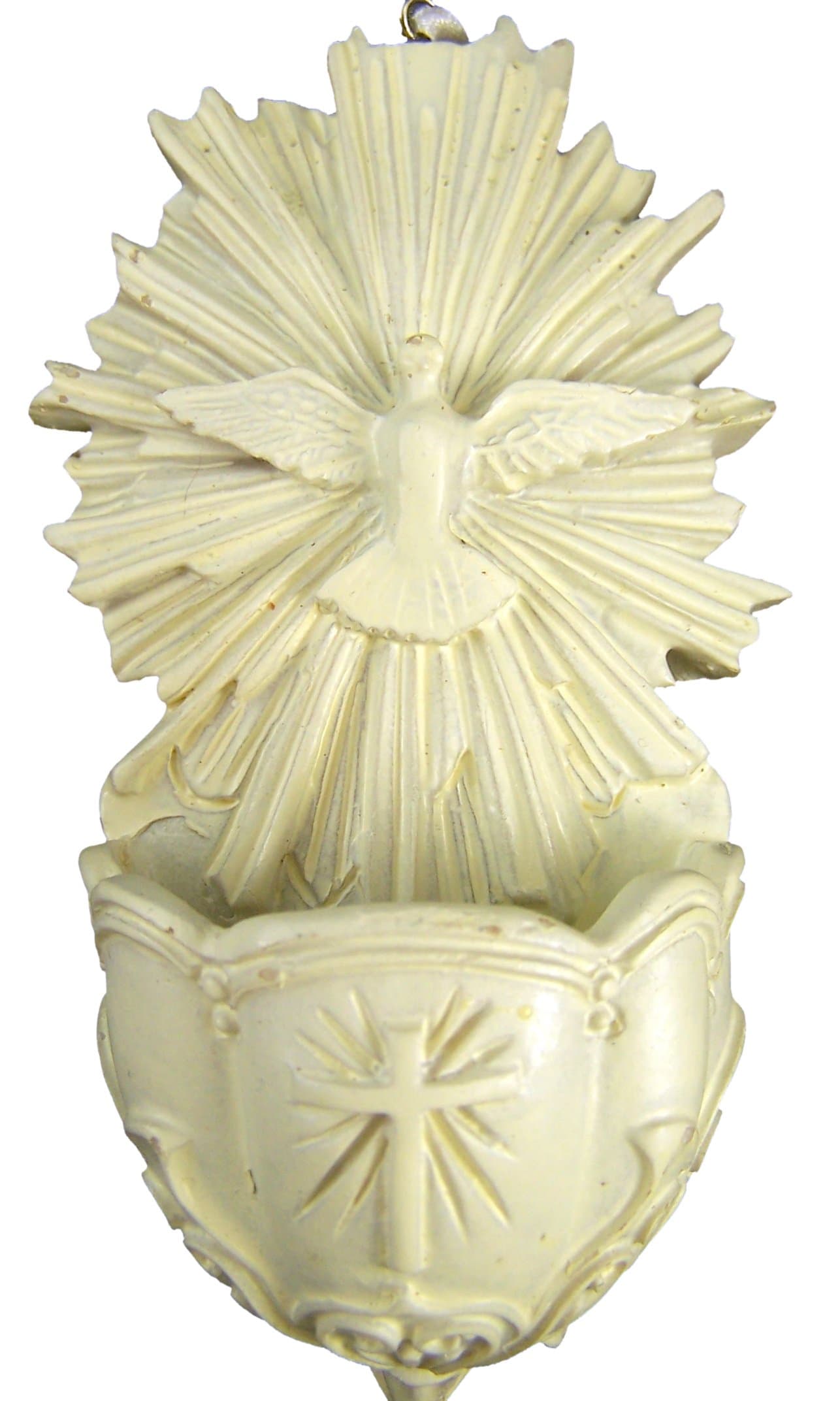 CB Catholic Holy Spirit Dove 5 Inch White Resin Hanging Holy Water Font