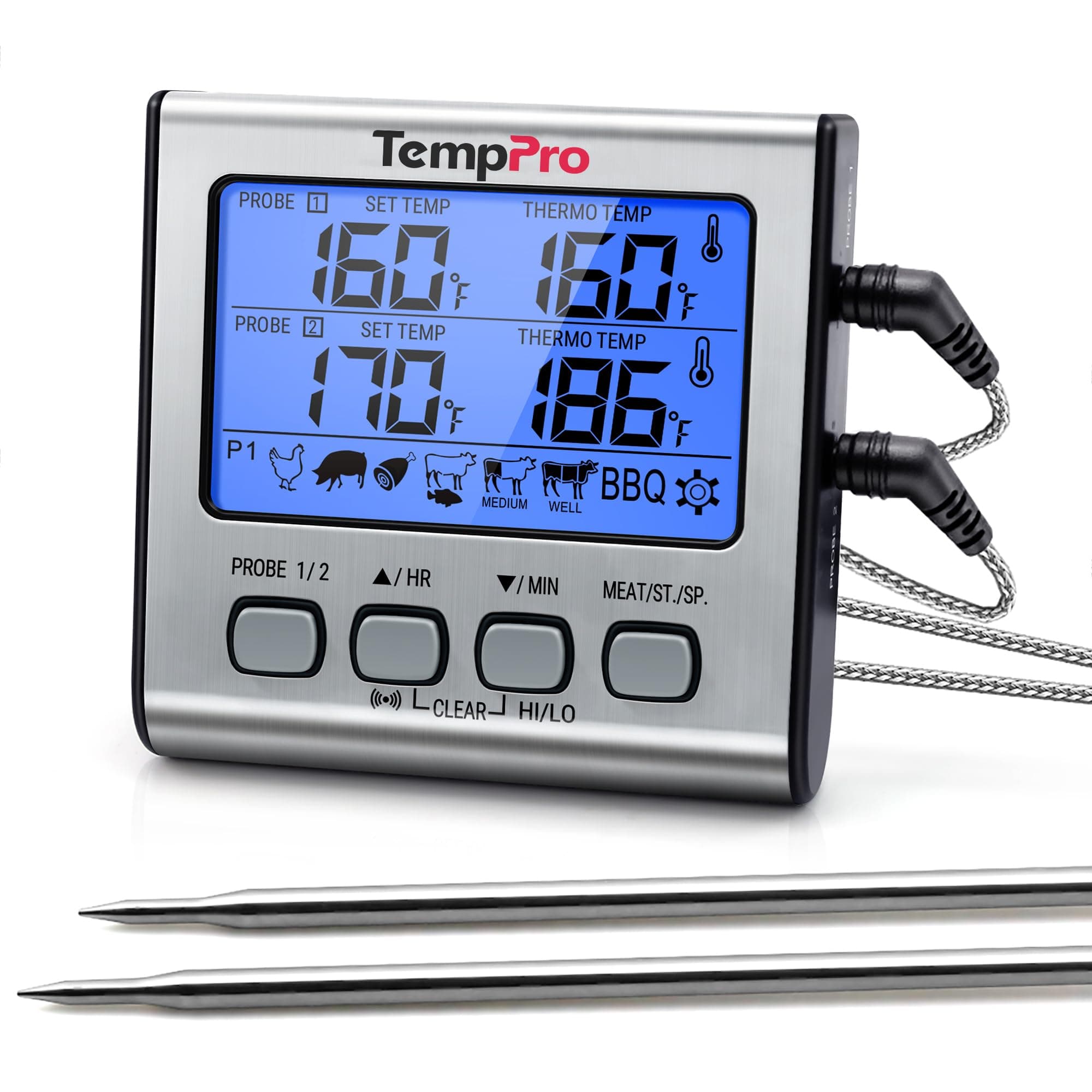 ThermoPro TP-17 Dual Probe Digital Cooking Meat Large LCD Backlight Food Grill Thermometer with Timer Mode for Smoker Kitchen Oven BBQ, Silver