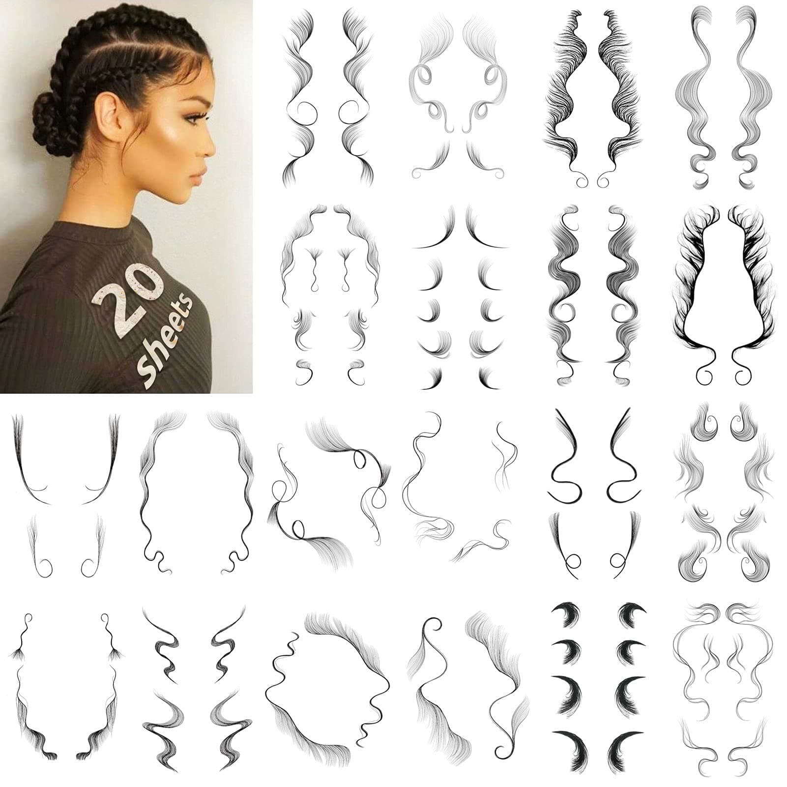 20 Styles Hair Tattoo Stickers 20Pcs Temporary Tattoos Edges Hairline Lasting Waterproof Makeup Tool for Women Baby Hair Curly Hair Bang Stickers