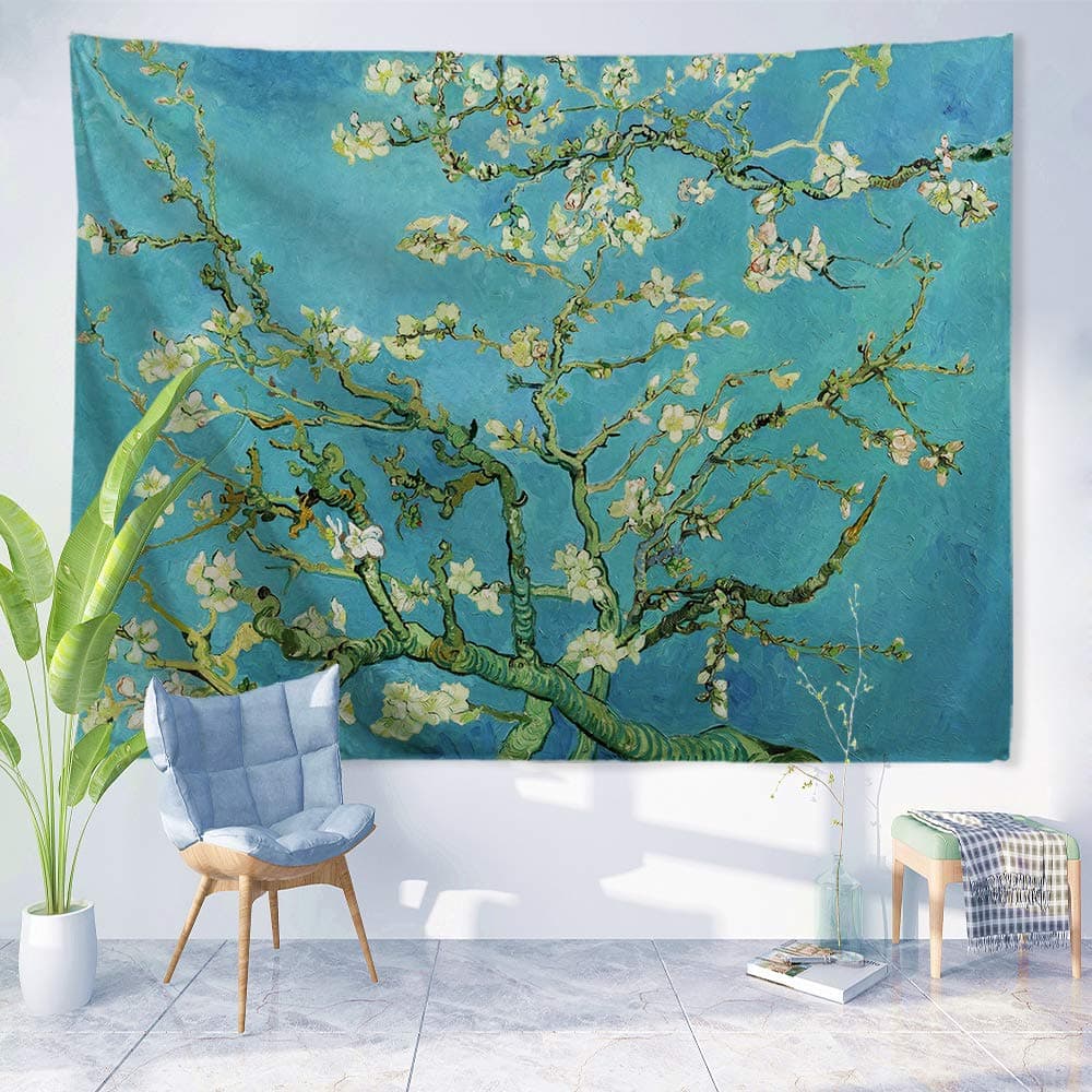 PROCIDA Van Gogh Tapestry Wall Hanging Aesthetic Almond Blossom Oil Painting Nature Plant Floral Aesthetic Boho Wall Art Home Decor for Dorm Bedroom Living Room, 90" W x 71" L
