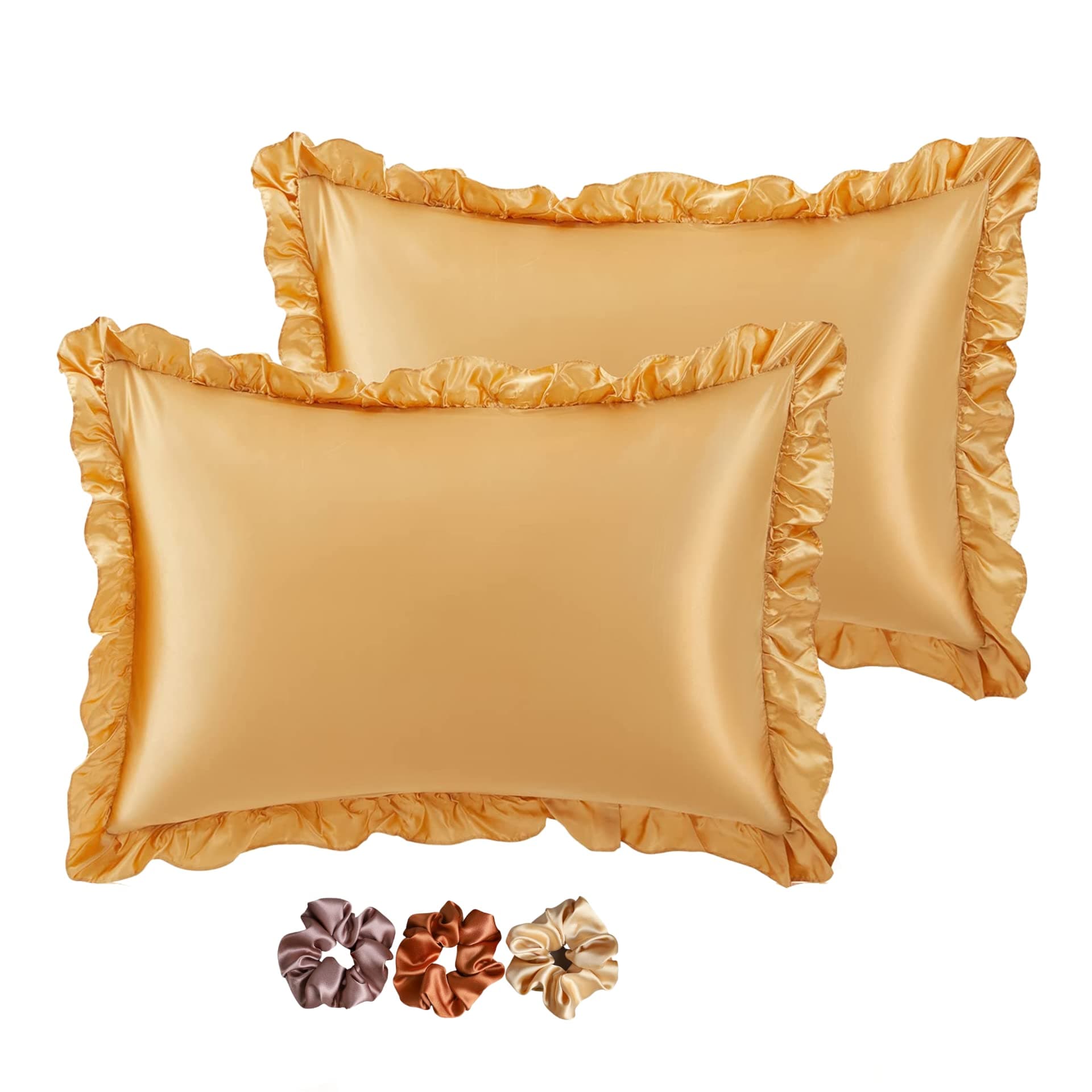 Wesofy Ruffled Satin Pillow Covers for Hair and Skin| Silk Satin Pillowcase 2 Pack with 3 Silk Scrunchies|18w X 28l Inch Satin Pillow Cases Set of 2| Silky Pillow Cover with Envelope Closure (Yellow)