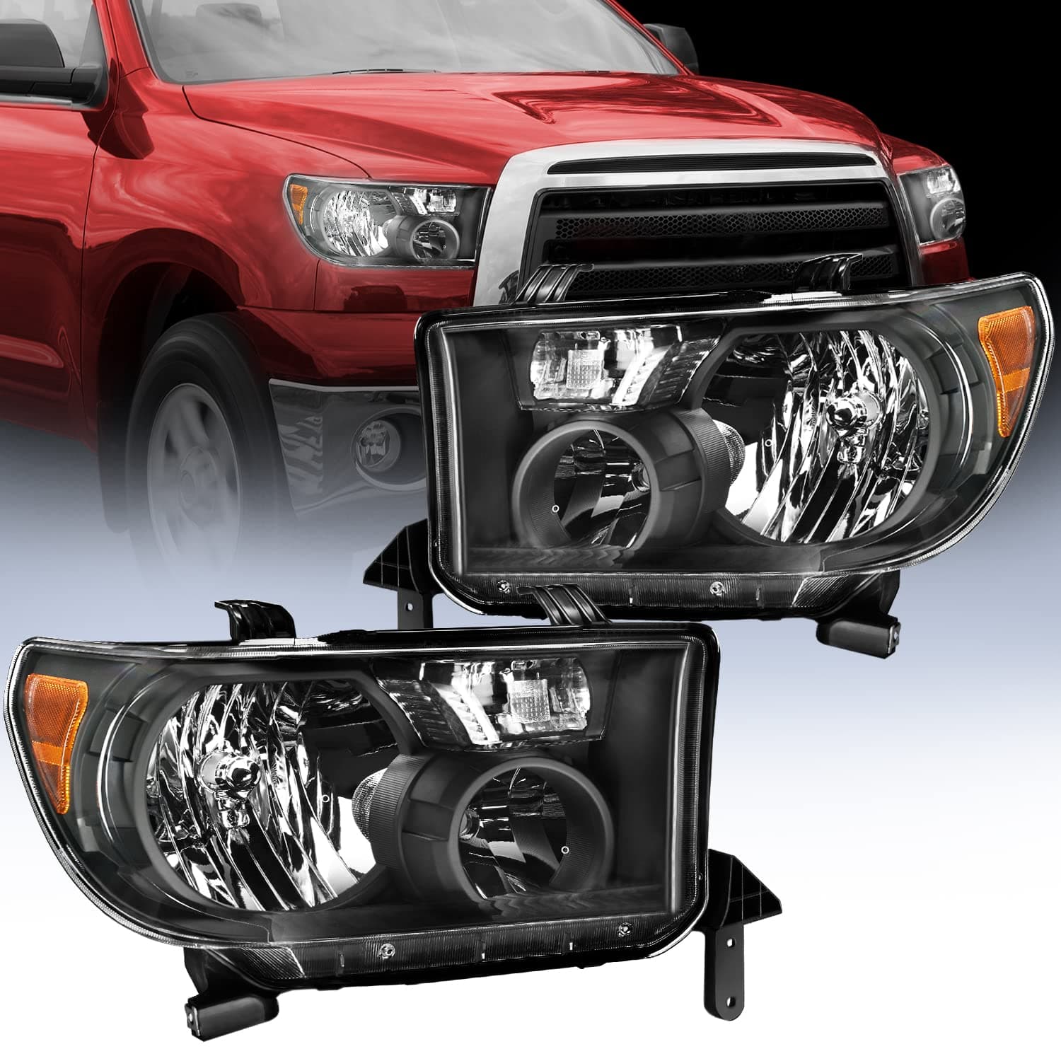 Nilight Headlight Assembly for 2007 2008 2009 2010 2011 2012 2013 Toyota Tundra 2008-2017 Sequoia Headlamps Replacement Black Housing Amber Reflector Driver and Passenger Side