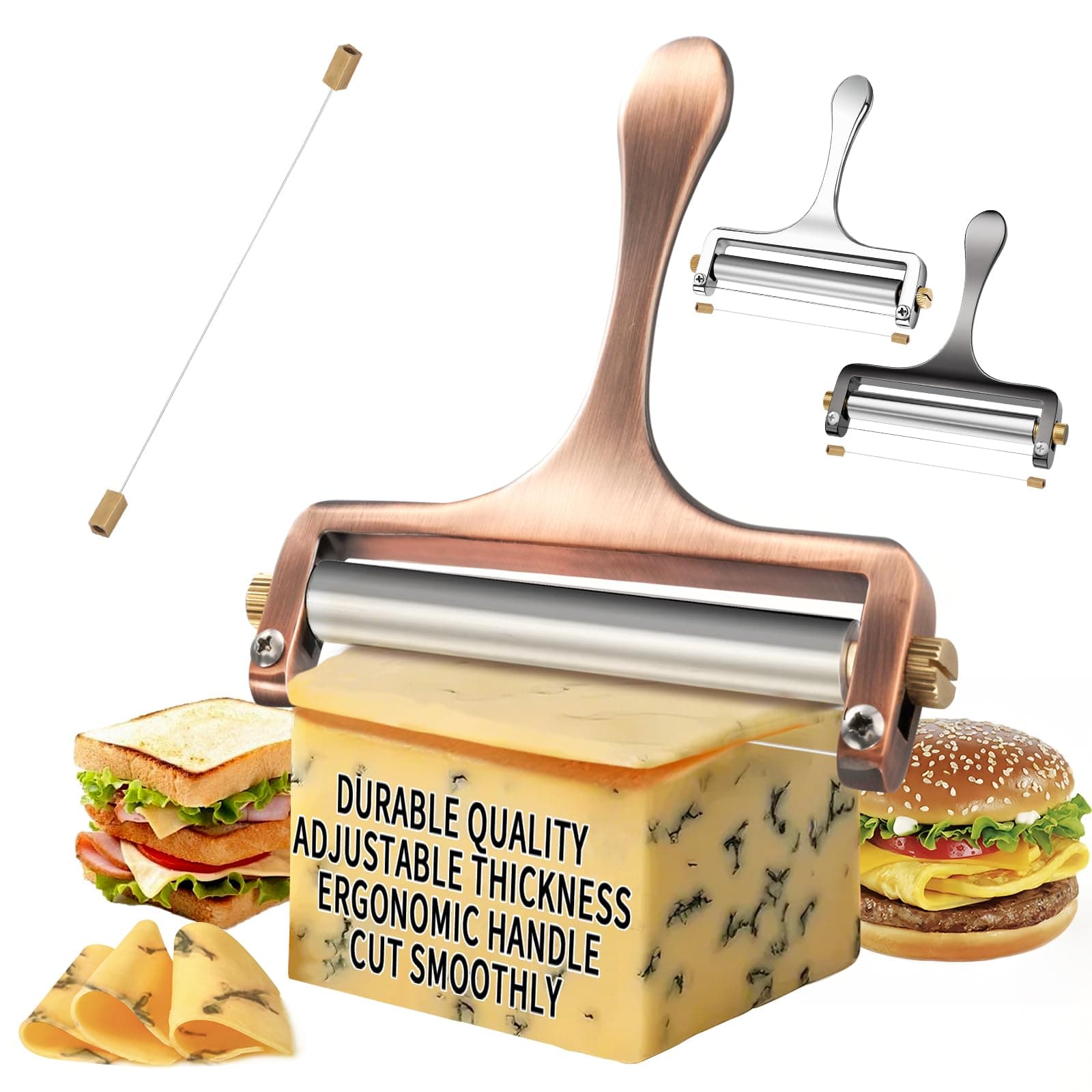 TOPULORS Wire Cheese Slicer Stainless Steel Handheld Cheese Cutter for Mozzarella, Cheddar, Gruyere - with 1 Extra Wire - Adjustable Thickness Cheese Shaver Slicers for Block Cheese - Copper Red