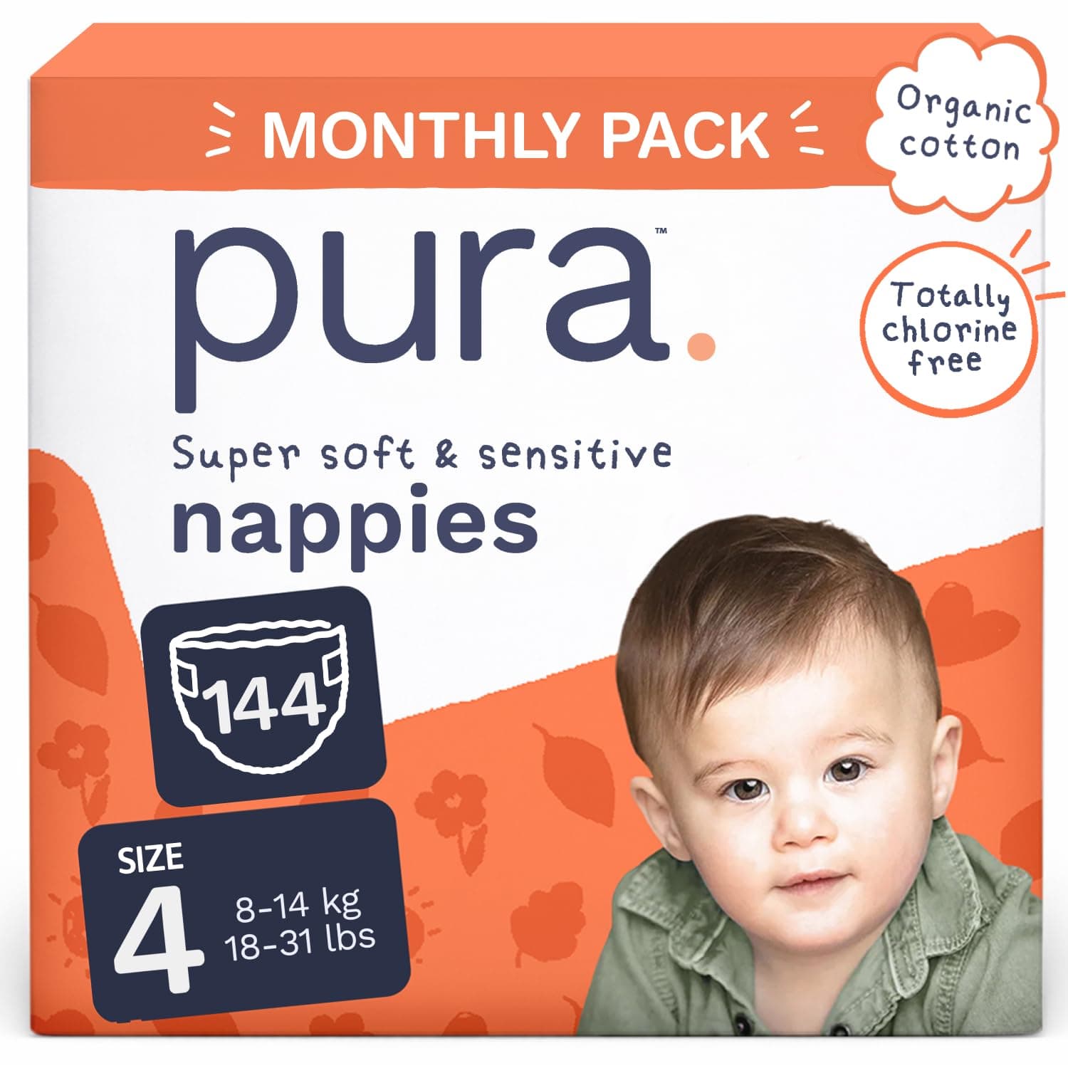 Pura Baby Nappies Size 4, 144 Count, 8-14kg/18-31lbs, Cloud Soft Premium Nappies for Hypoallergenic & Sensitive Skin, Toxin-Free*, Up to 12 Hours Leak Protection
