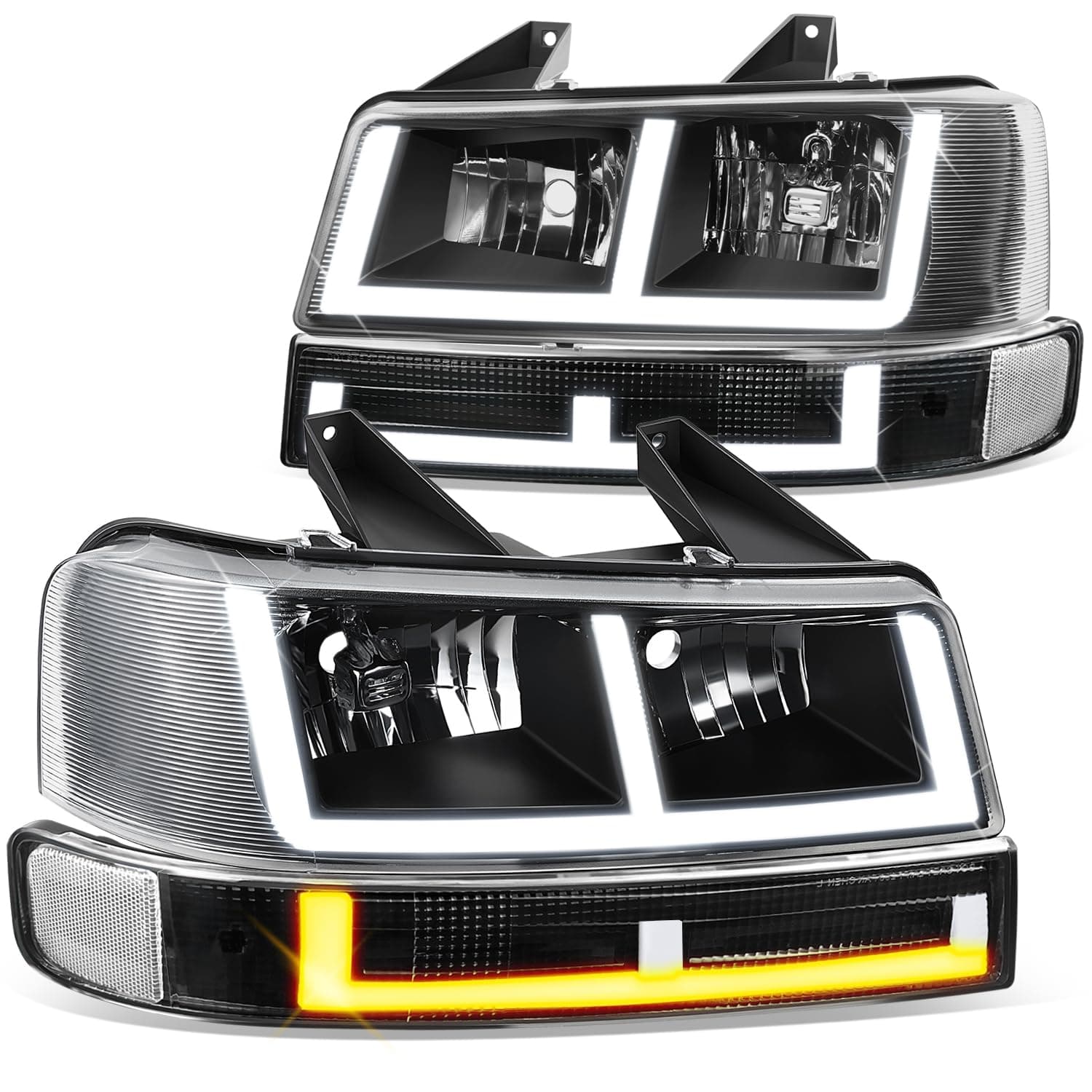 DNA MOTORING E-Style LED DRL Headlight+Parking/Turn Lamps Set Compatible with 03-14 Express/Savana 1500, 03-23 Express/Savana 2500 3500,Black/Clear,HL-LB4-CEGS03-4P-BK-CL1
