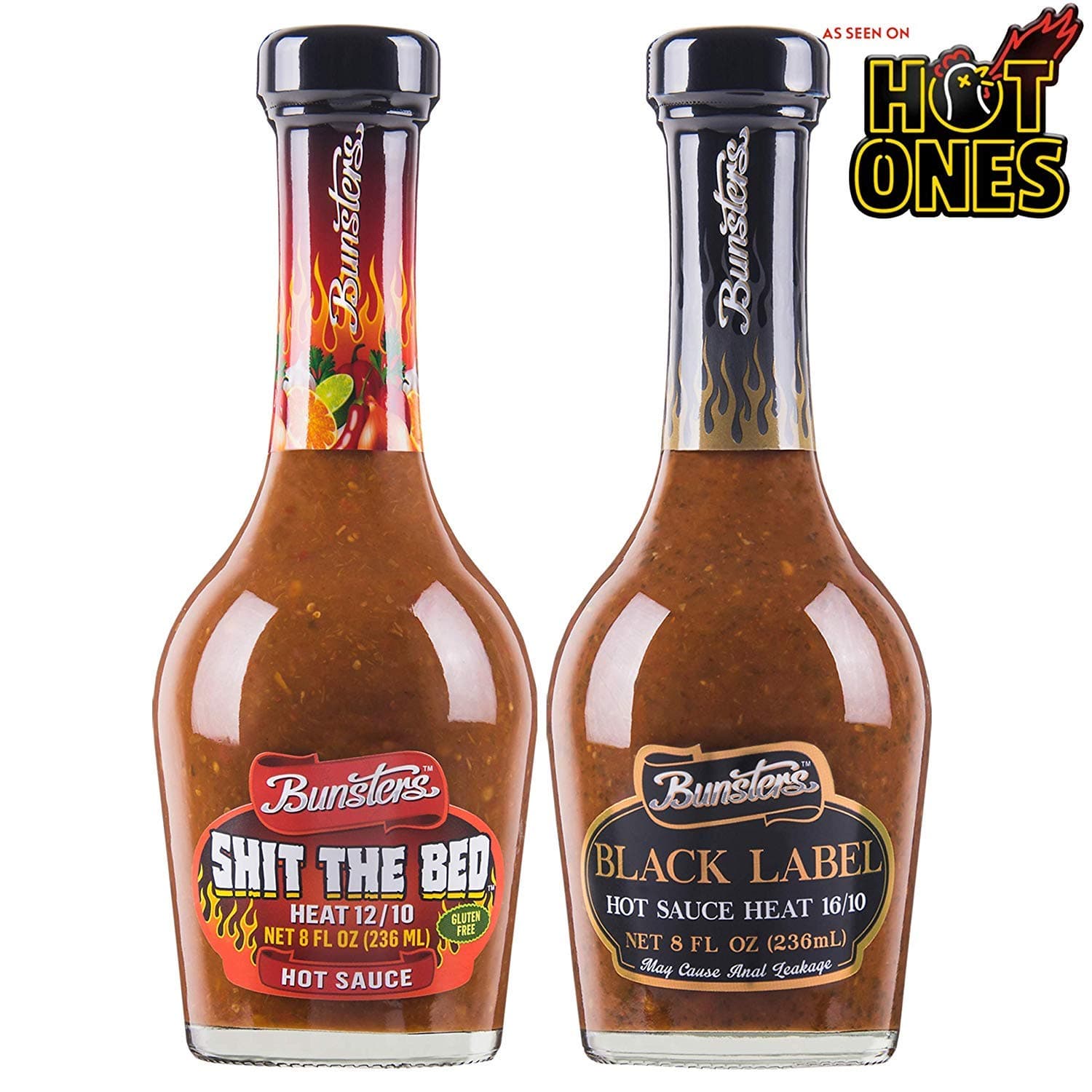Bunsters Shit The Bed 12/10 Heat Hot Sauce Gift - Chili Pepper Sauce + Bunsters Hot Ones Hot Sauce - Black Label 16/10 Heat - (Packed with Aussie Fruit and Veg) - (2 x 8oz bottles)
