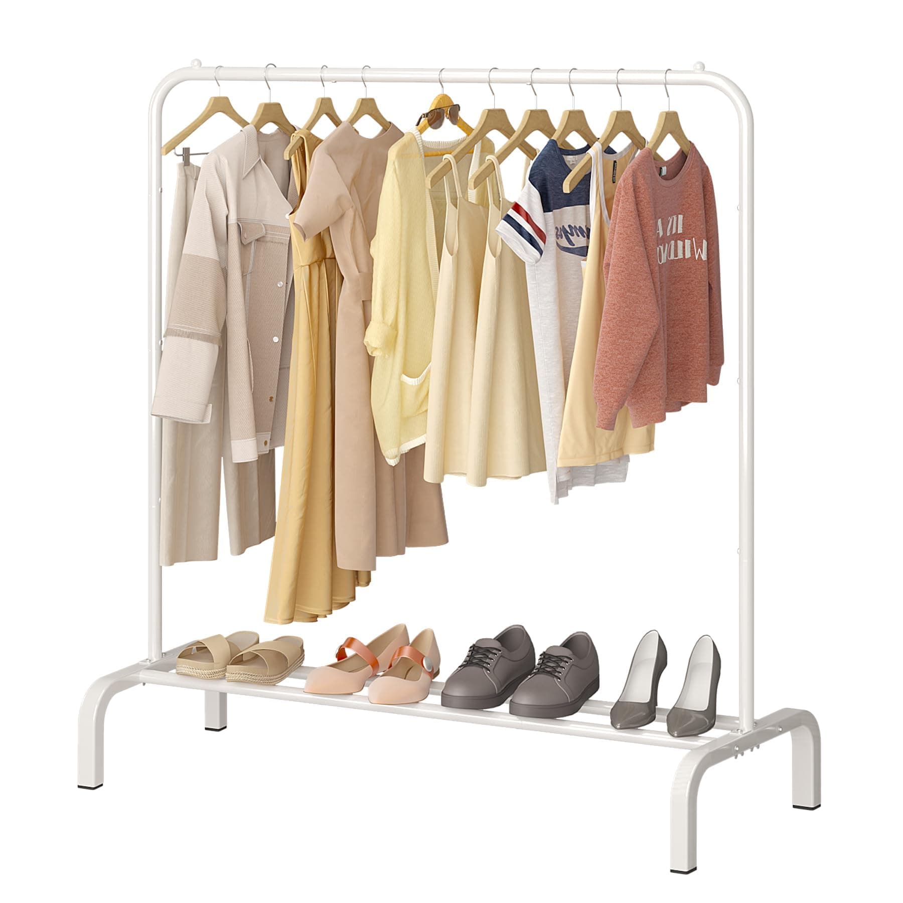 JIUYOTREE Metal Clothing Rack, 43.3 Inches Clothes Garment Coat Rack with Bottom Shelf for Hanging Skirts, Shirts, Sweaters, White