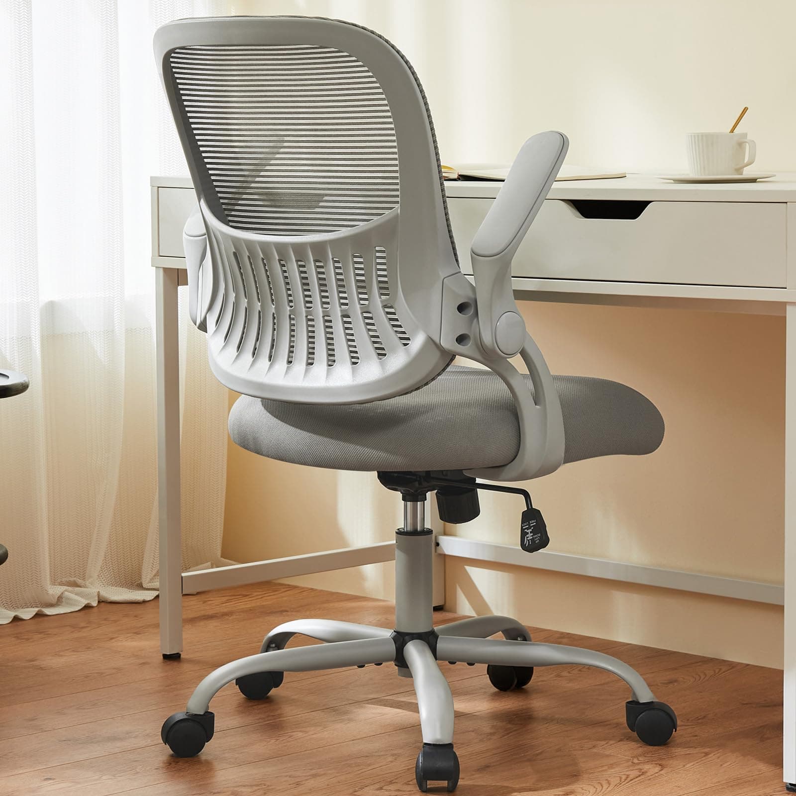 Sweetcrispy Office Computer Desk Chair, Ergonomic Mid-Back Mesh Rolling Work Swivel Task Chairs with Wheels, Comfortable Lumbar Support, Comfy Flip-up Arms for Home, Bedroom, Study, Student, Gray