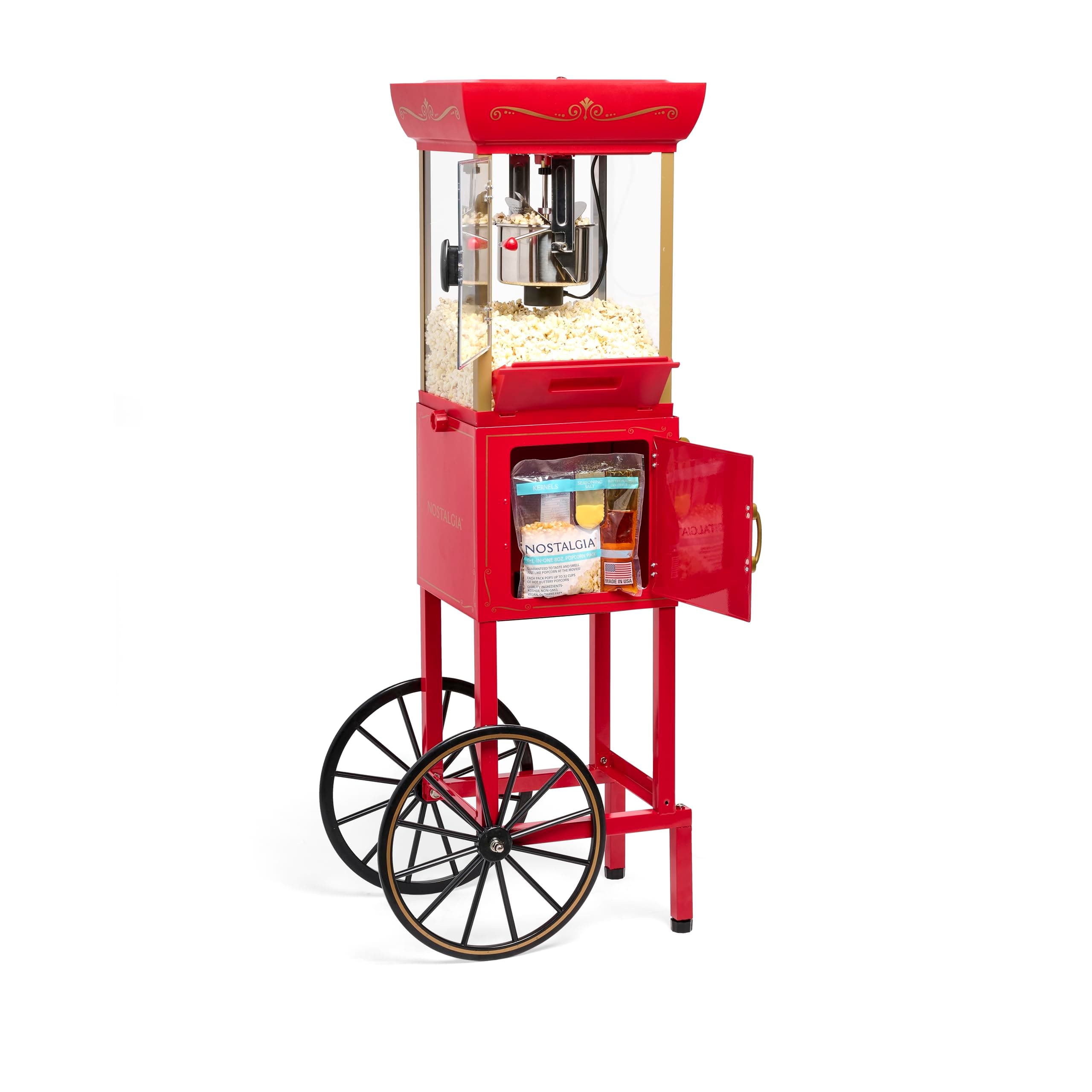 Popcorn Maker Machine - Professional Cart With 2.5 Oz Kettle Makes Up to 10 Cups - Vintage Popcorn Machine Movie Theater Style - Red