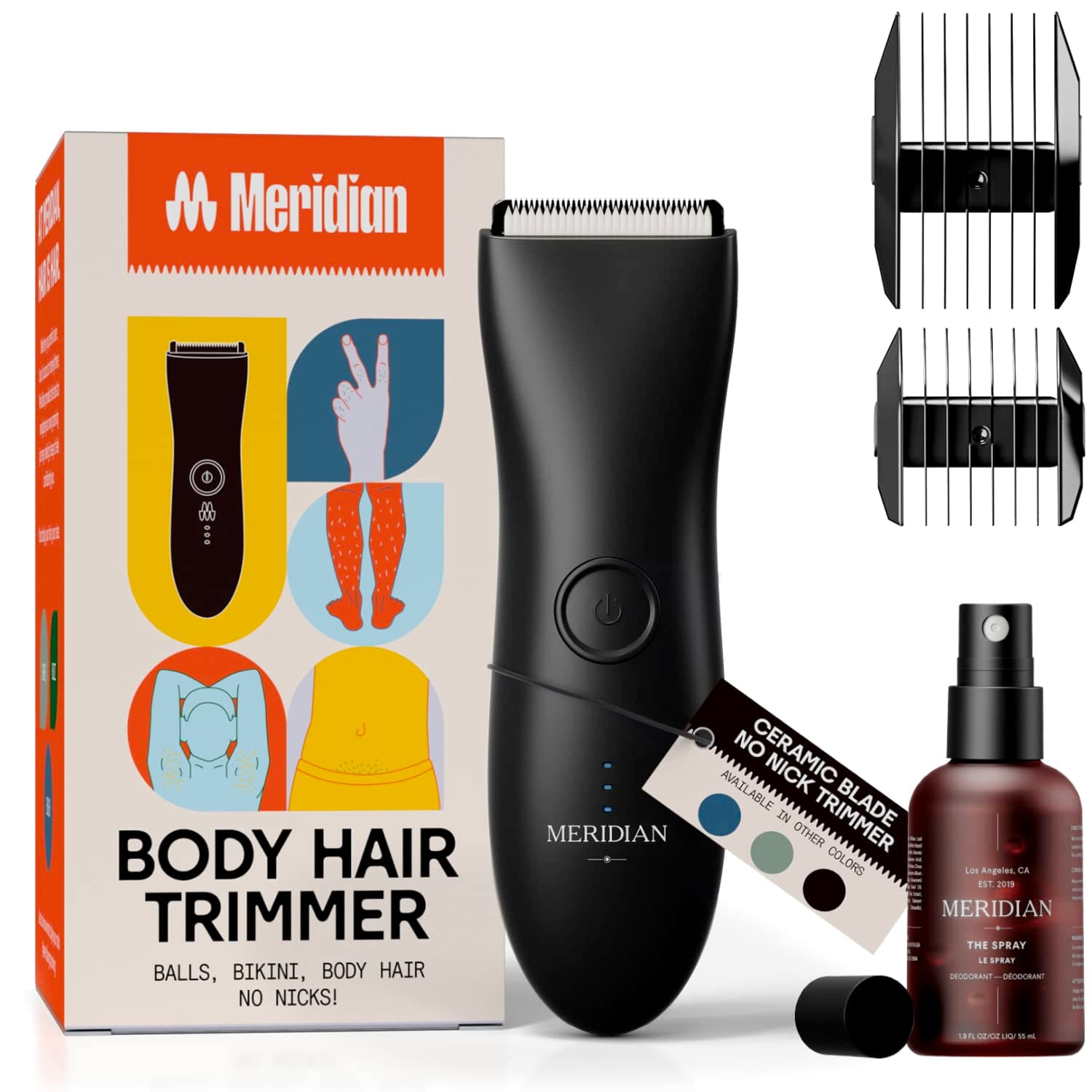 Meridian The Complete Package by Meridian: Includes Mens Waterproof Electric Below-The-Belt Trimmer and The Spray (50 mL) - Features Ceramic Blades and Sensitive Shave Tech (Onyx)