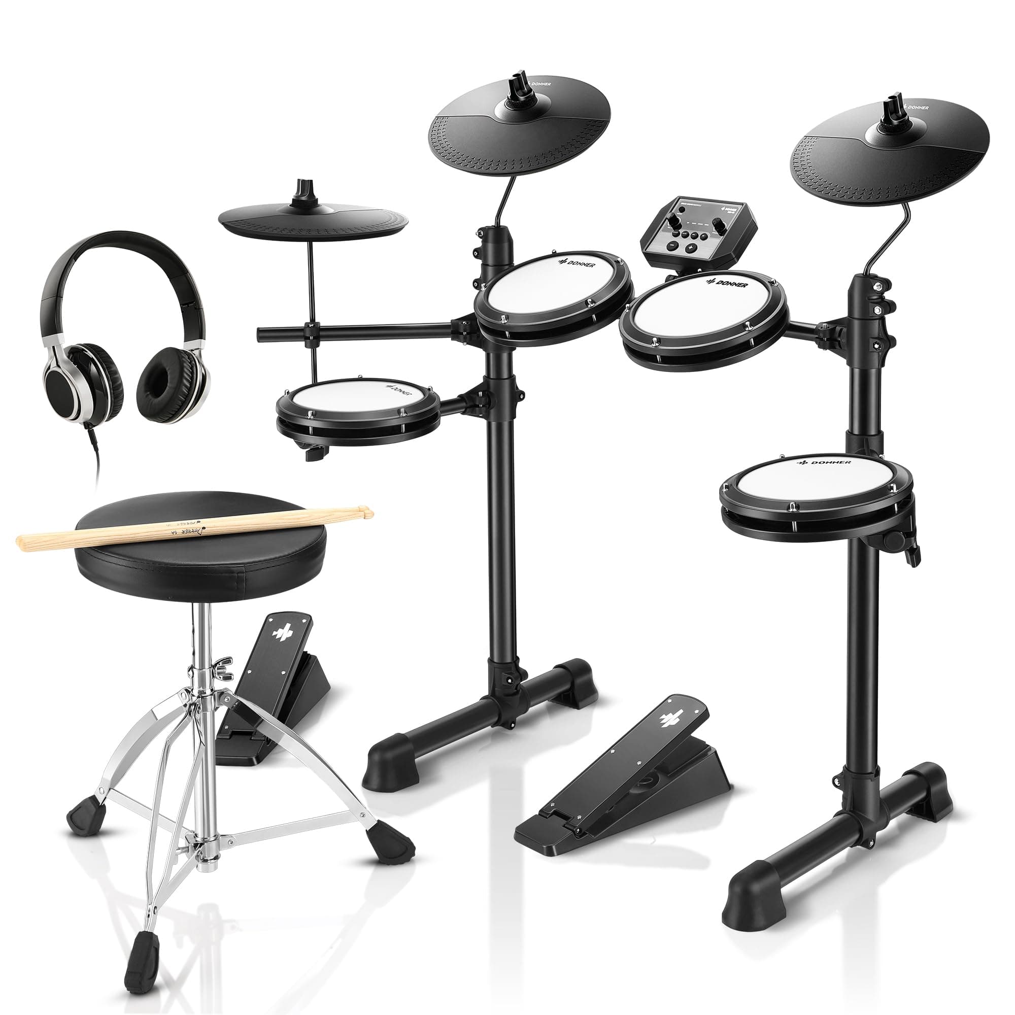 DED-80 Electric Drum Kit, Electronic Drum Sets for Beginner with 4 Quiet Mesh Drum Pads, 2 Switch Pedal, 180+ Sounds, Throne, On-Ear Headphones, Sticks, and Melodics Lessons Included Black