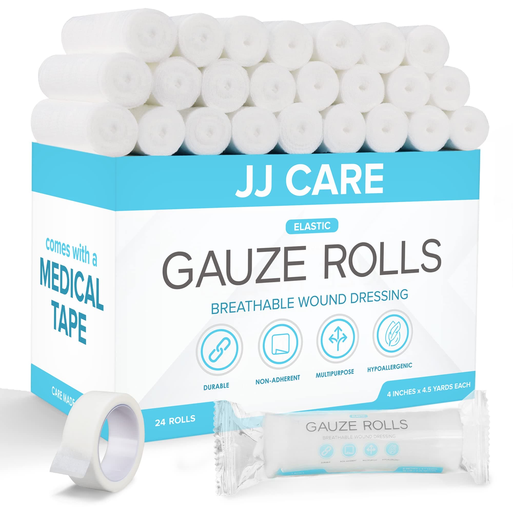 Gauze Rolls Pack of 24, Individually Wrapped Gauze Bandage Roll, with Bonus Medical Tape, 4 inches x 4.1 Yards Rolled Gauzes